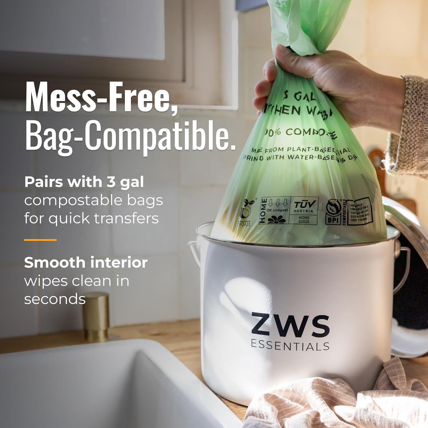 White Stainless Steel Compost Bin | 6.5L Odor-Free Kitchen Countertop Food Scrap Pail with Charcoal Filter | Compact Zero Waste Solution for Home and Apartment Kitchens