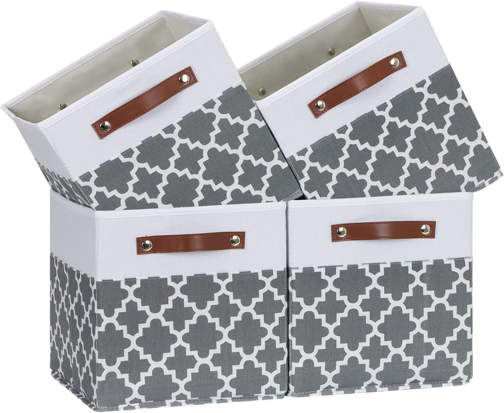 Temary 11x11x11 Cube Storage Bins Cube Organizer Bins 4 Pack Canvas Storage Bin for Home, Cube Storage Basket with Leather Handles(Grey Lattice)