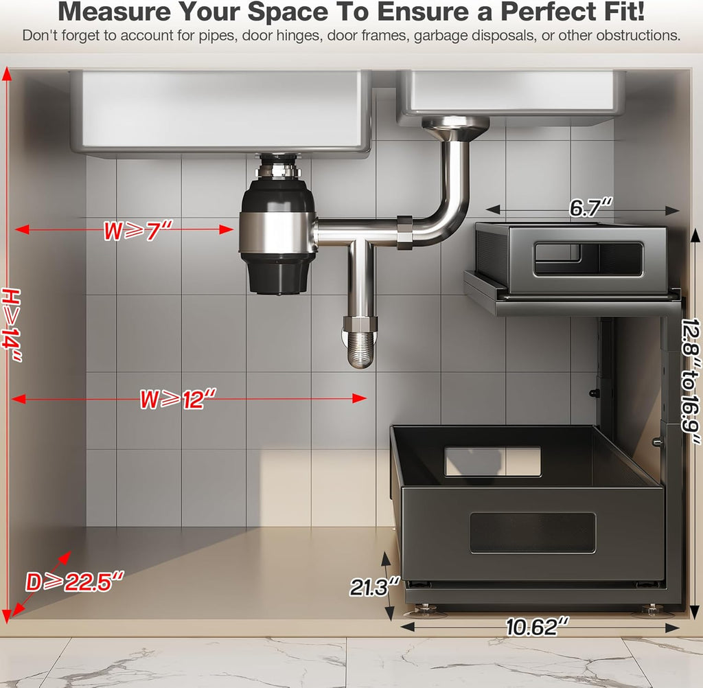 2 Pack 21.3IN-Depth Under Sink Organizer with Next-Gen Ball-Bearing Slides,2-Tier Pull Out Cabinet Storage,Height Adjustable Drawer Shelf for Bathroom,Kitchen,Laundry,Cabinet,Pantry-Black