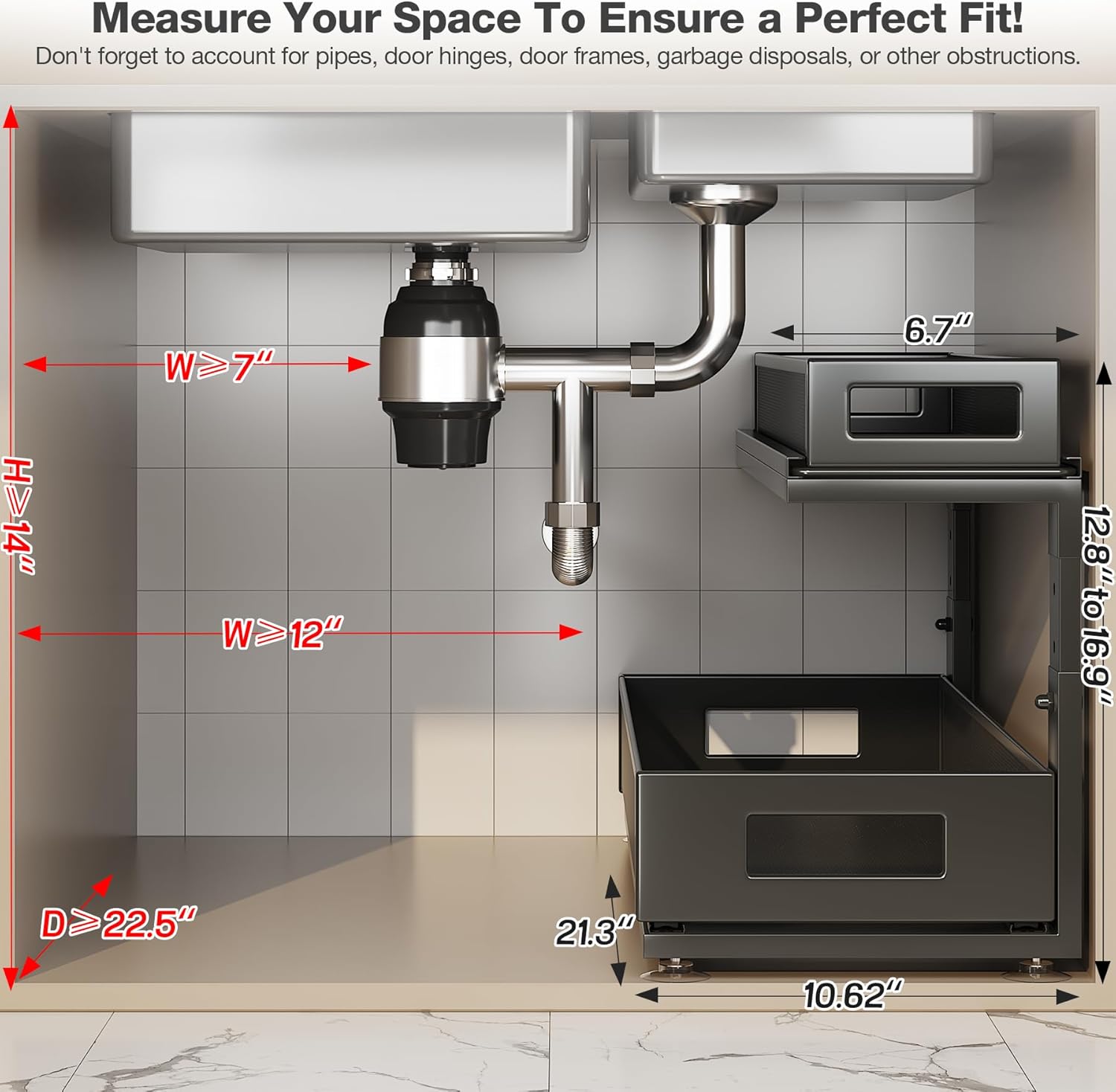 2 Pack 21.3IN-Depth Under Sink Organizer with Next-Gen Ball-Bearing Slides,2-Tier Pull Out Cabinet Storage,Height Adjustable Drawer Shelf for Bathroom,Kitchen,Laundry,Cabinet,Pantry-Black