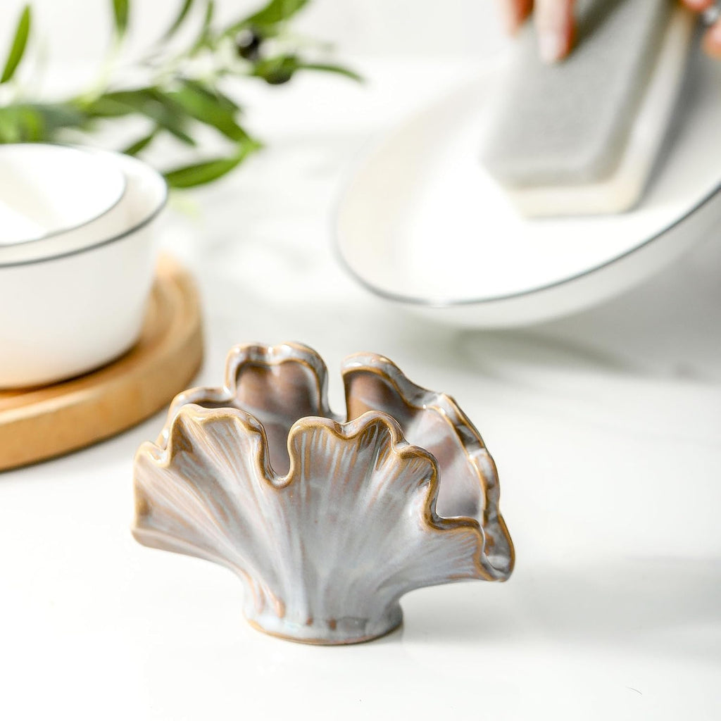 Ceramic Sponge Holder,Sponge Holder for Kitchen Sink,Compact Sink Caddy Organizer-Scouring Pad and Dish Holder,Farmhouse Kitchen Decor Cute Gadgets Accessories(Brown Grey)