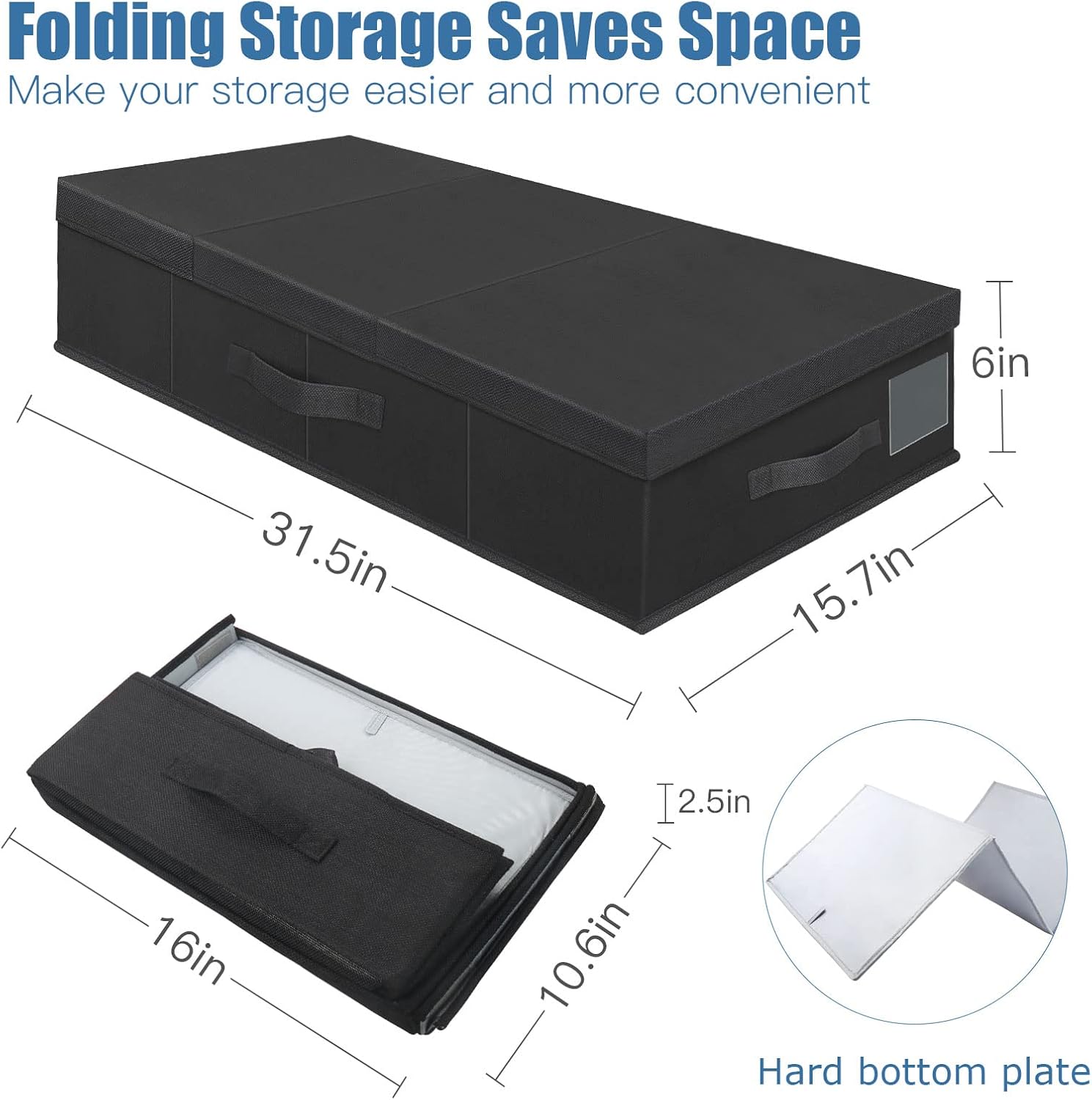 Underbed Storage Containers Bin with Lids (Set of 2) Large Under Bed Storage Organizer Box with Handle, Foldable Under the Storage Bags for Organizing Clothes, Shoes, Blankets, Pillows-Black