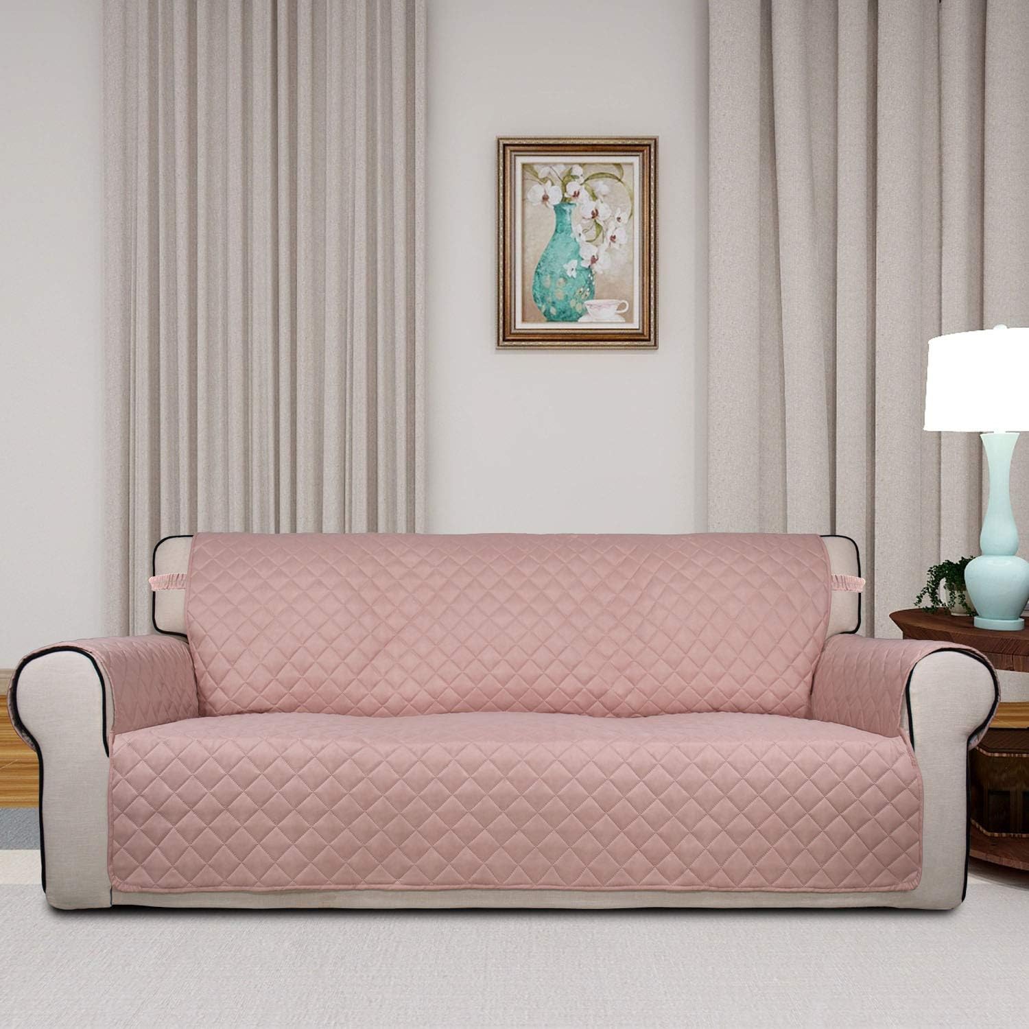 PureFit Reversible Quilted Sofa Cover, Water Resistant Slipcover Furniture Protector, Washable Couch Cover with Non Slip and Elastic Straps for Kids, Dogs, Pets (Sofa, Pink/Beige)