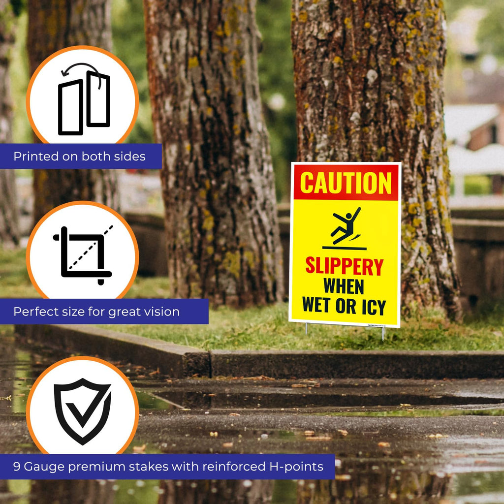 Caution Slippery When Wet or ICY Sign, (SI-84404) (4 Pack) Double Sided 9x12 Inches, Corrugated Plastic with Metal H Stake, Made in USA by Sigo Signs
