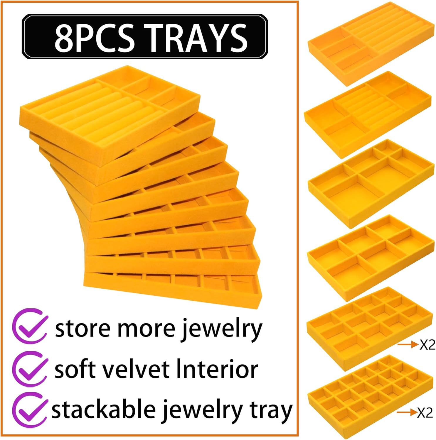 Set of 8 Stackable Velvet Jewelry Trays Organizer Jewelry Display Storage Box Dresser Drawer Organizer for Earring Necklace Bracelet Ring Accessary