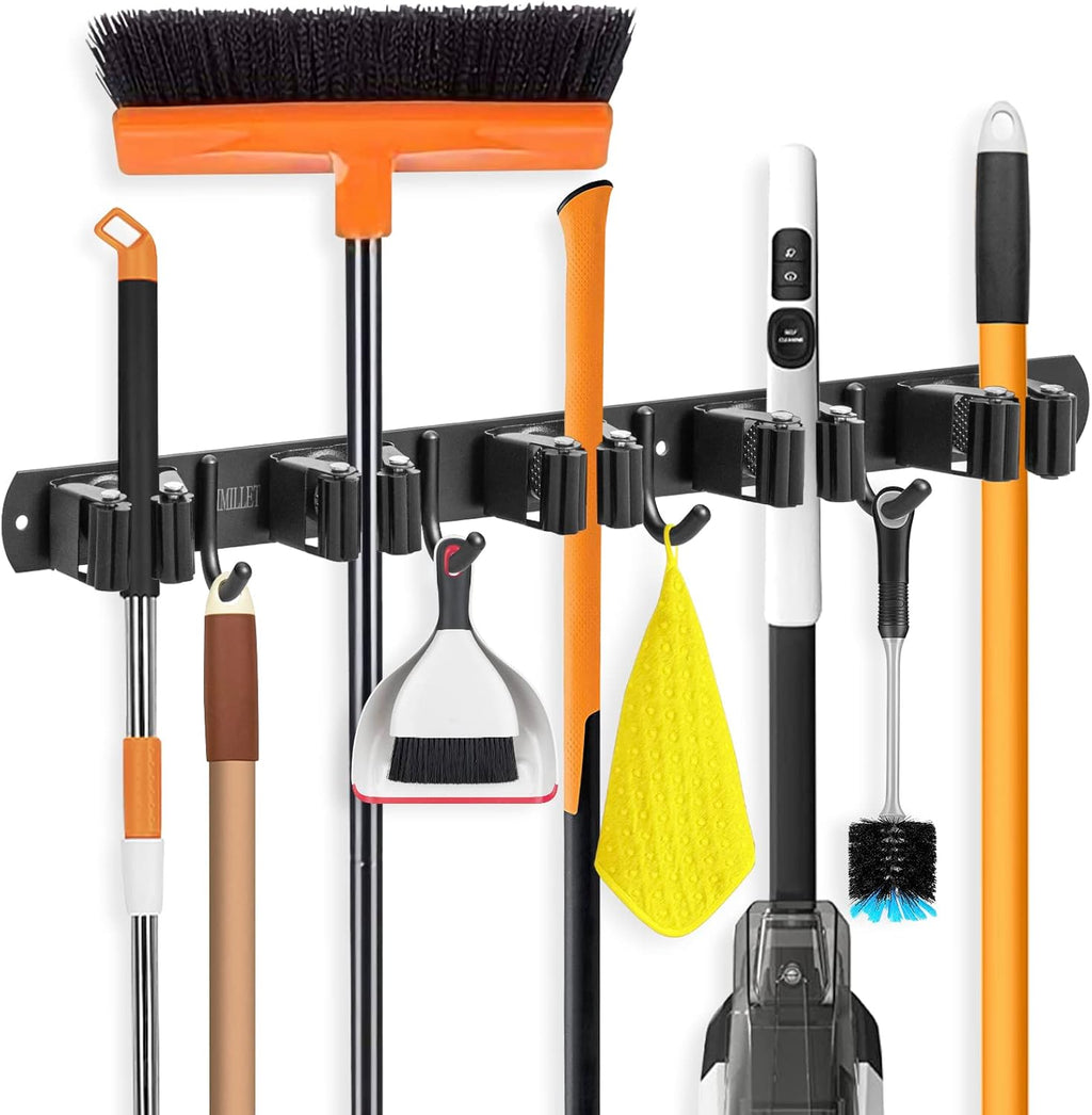 IMILLET Broom Holder Wall Mount, Broom Holder Stainless Steel Heavy Duty Garage Organization Broom Organizer Wall Mount Self Adhesive Laundry Room Organization and Storage（5 Racks and 4 Hooks）