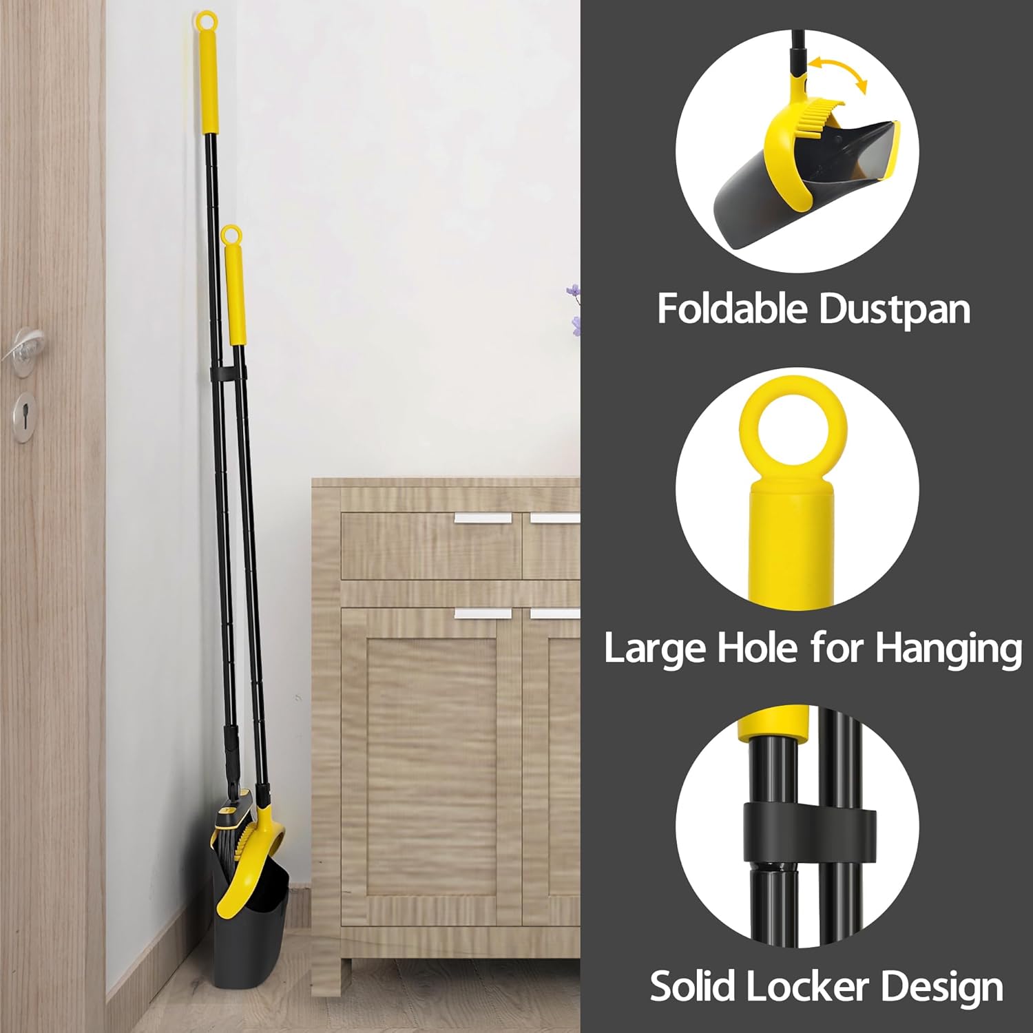 JEHONN Broom and Dust Pan, 54.3 inches Long Handle Swivel Brush, Upright Foldable Dustpan with Comb Teeth for Home Kitchen Lobby Indoor Floor Cleaning (Black & Yellow)