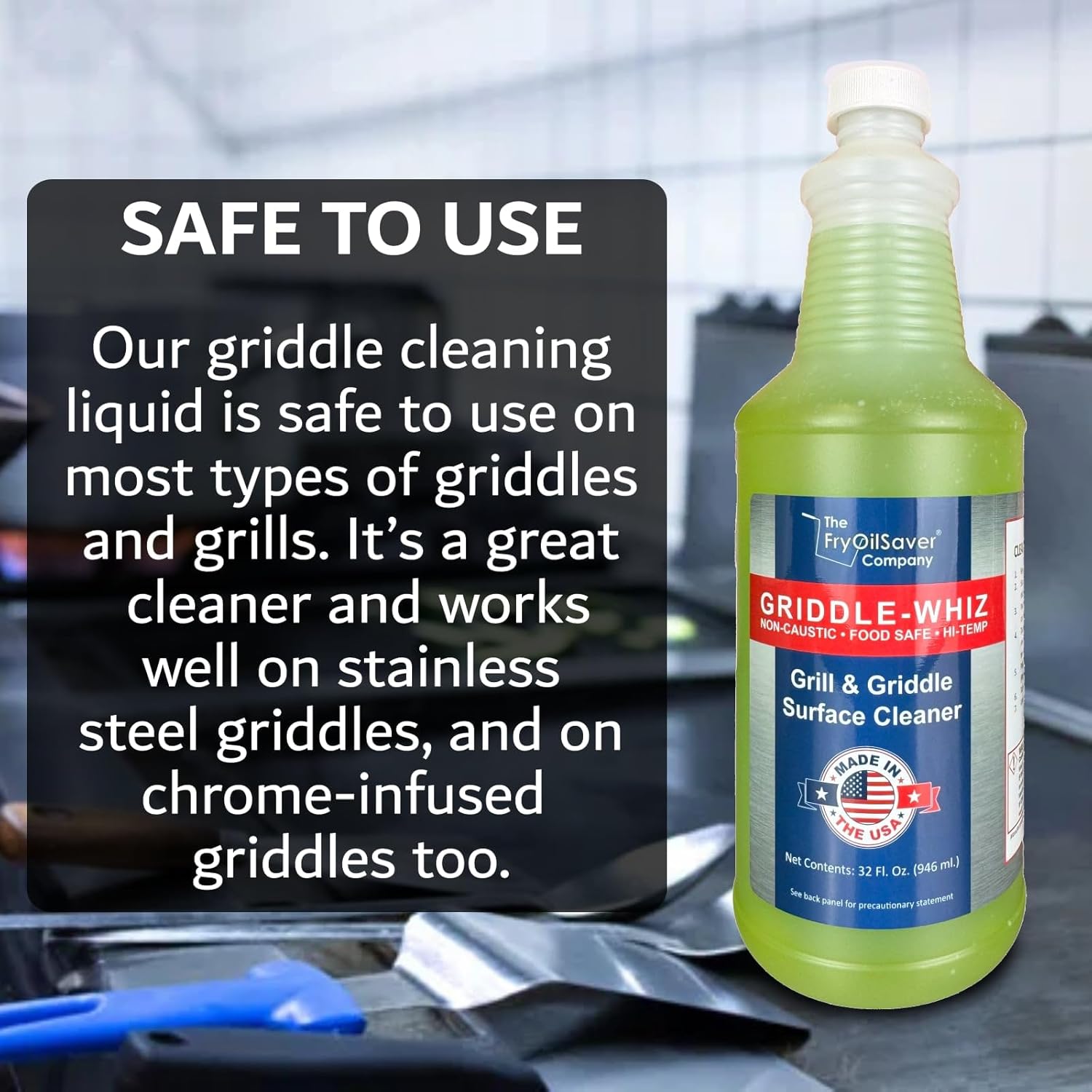 Griddle-Whiz Grill & Griddle Cleaner (4-Pack) | Removes Grease, Food Residue, Burnt On Organics | High Heat Flat Top Grill Cleaner, Food Contact Surface | Non-Caustic Formula by FryOilSaver (32oz)