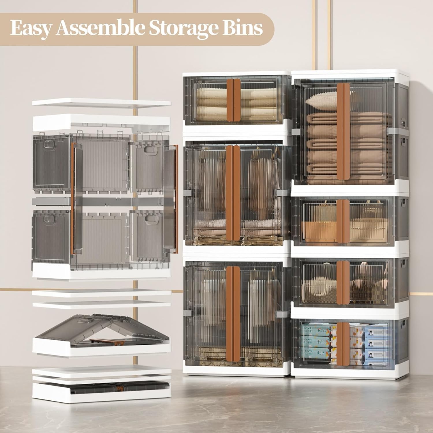 HAIXIN Closet Organizers and Storage, 77.6 Gal Stackable Bins, Wardrobe Organizer, Collapsible Clothing Storage with Closet Rod and Clothes Hangers (1 Pack 39.6 Gal and 2 Pack 19 Gal)