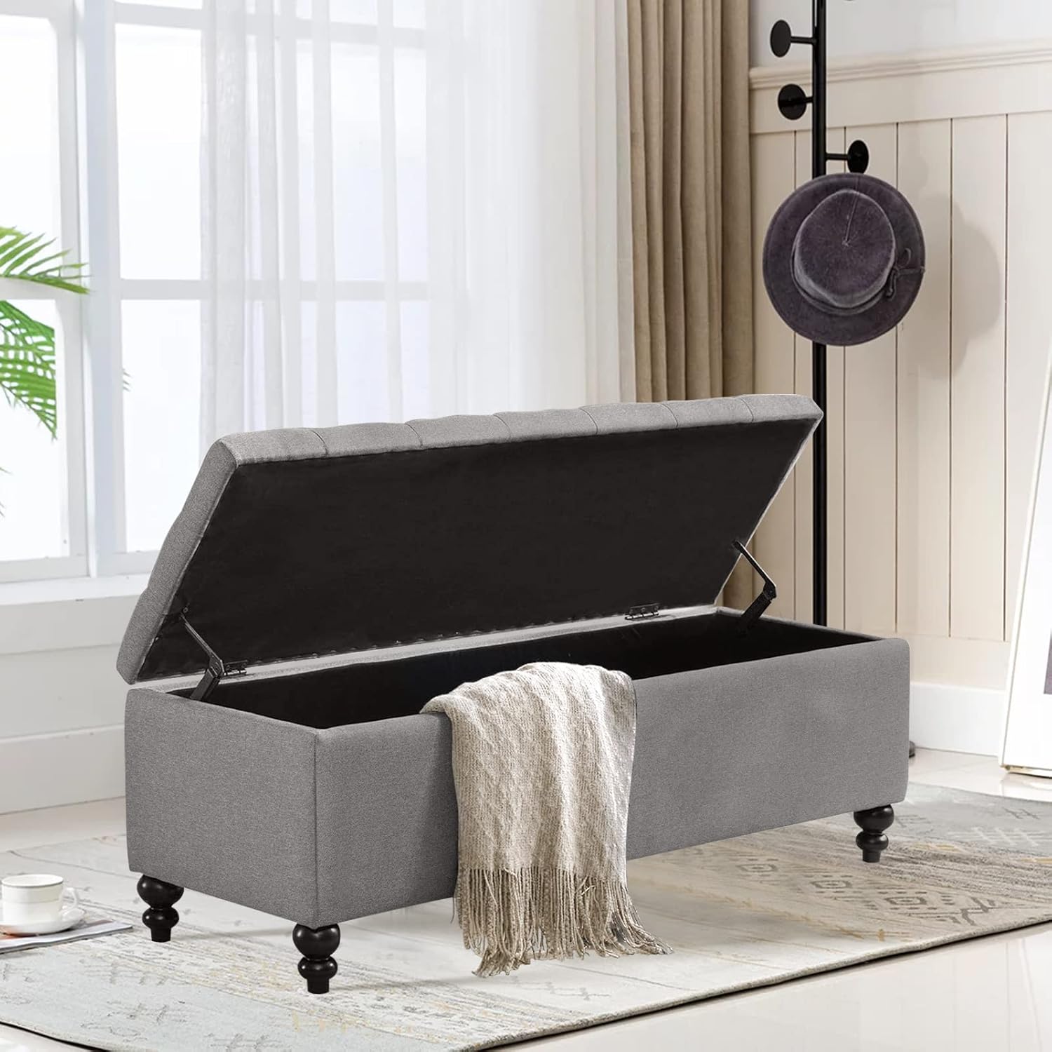 Storage Ottoman 50.2 Inches Upholstered Fabric Bench，Button Tufted for Living Room，Bedroom End of Bed Bench Withstands 303lbs (Grey)