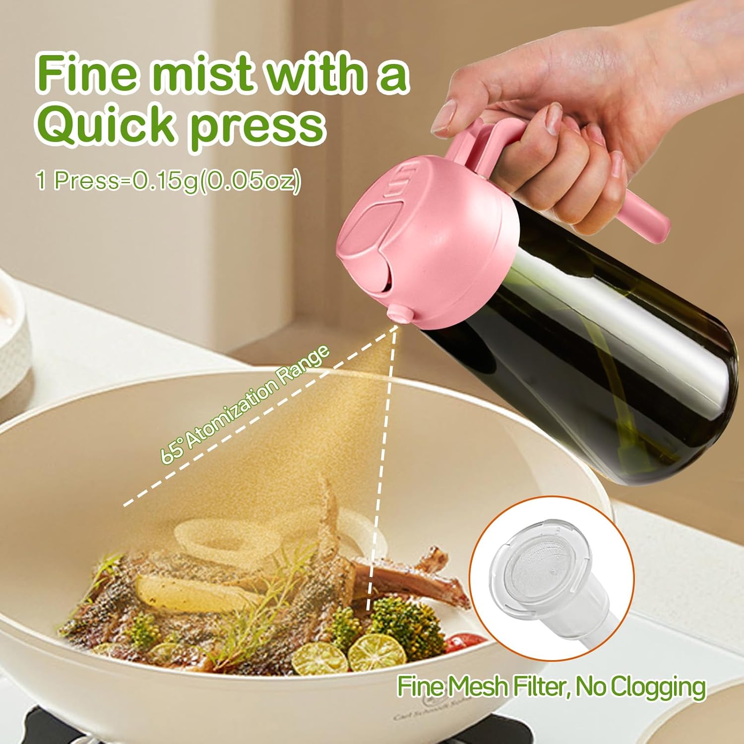 YARRAMATE 2Pcs 16oz/470ml Dark Green Oil Sprayer for Cooking with Stickers, Food-grade Premium 2 in 1 Olive Oil Dispenser Bottle for Kitchen Gadgets, Air Fryer, Salad, Frying, BBQ (Pink&Black)