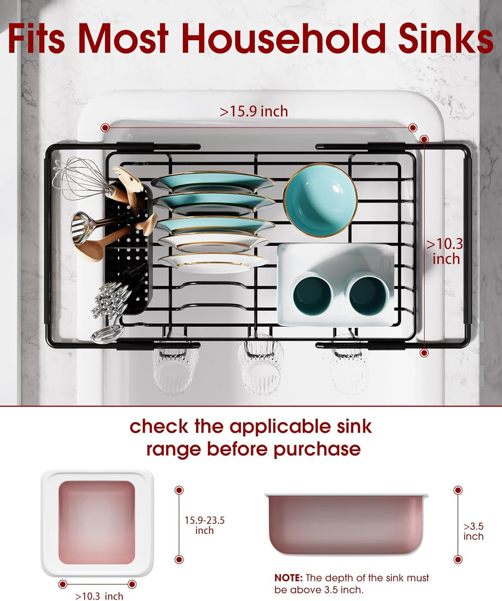 Dish Drying Rack in Sink - Expandable Stainless Steel Dish Rack Over The Sink, Kitchen Sink Drain Strainer with Cutlery Holder & Cup Holders, 15.4 x 9.8 x 3.0 Inch, Black