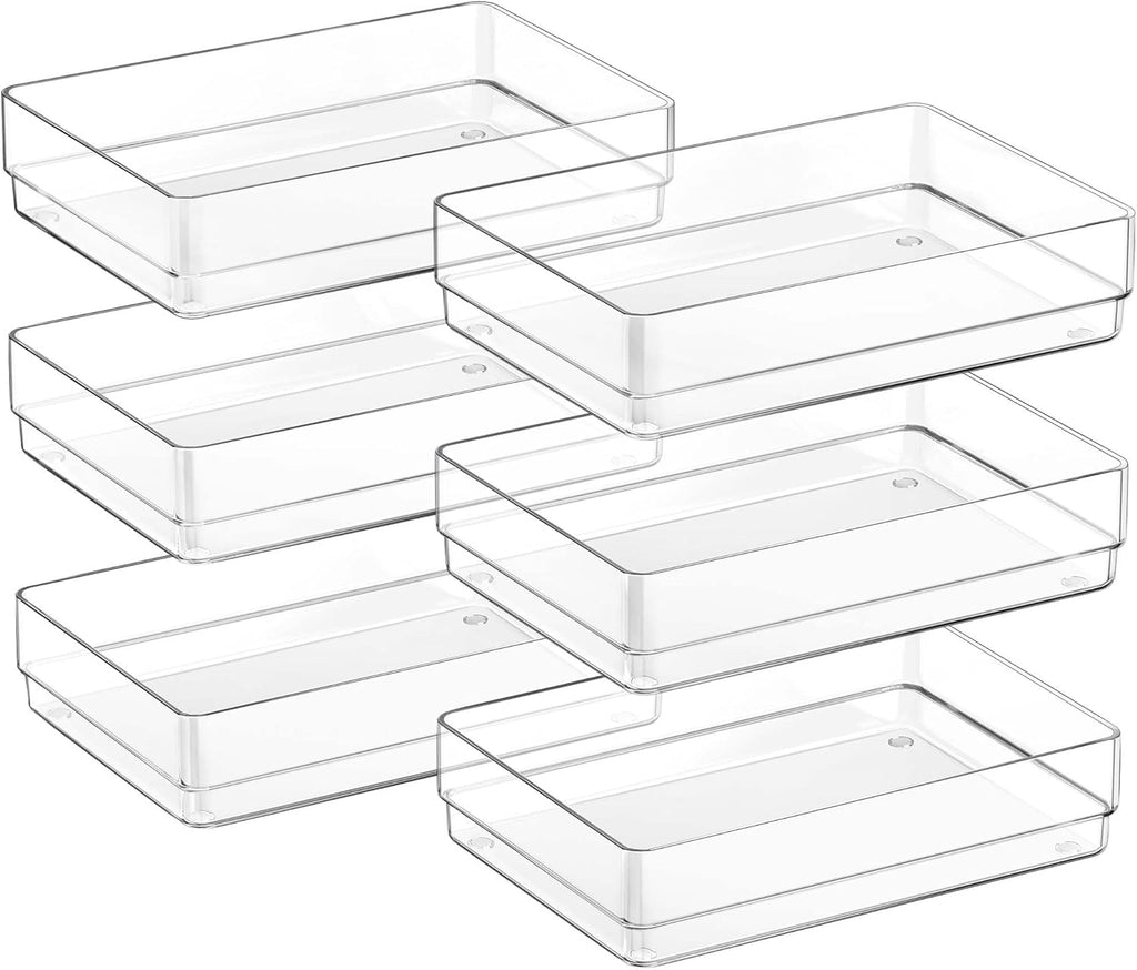 SMARTAKE 6 PCS Clear Plastic Drawer Organizers Set, Large Size Non-Slip Desk Drawer Organizer, Versatile Bathroom and Vanity Drawer Organizer Trays for Makeup, Bedroom, Office, Kitchen Utensils
