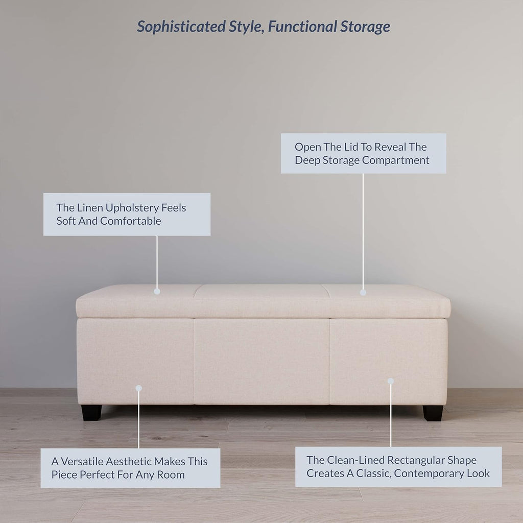 BELLEZE Storage Faux Leather Ottoman, 47 Inch Bench Bedroom Bench with Safety Close Hinge, Extra Long Ottoman with Storage for Living Room, Entryway, Hallway, Foot Rest, Support 300lbs - Beige