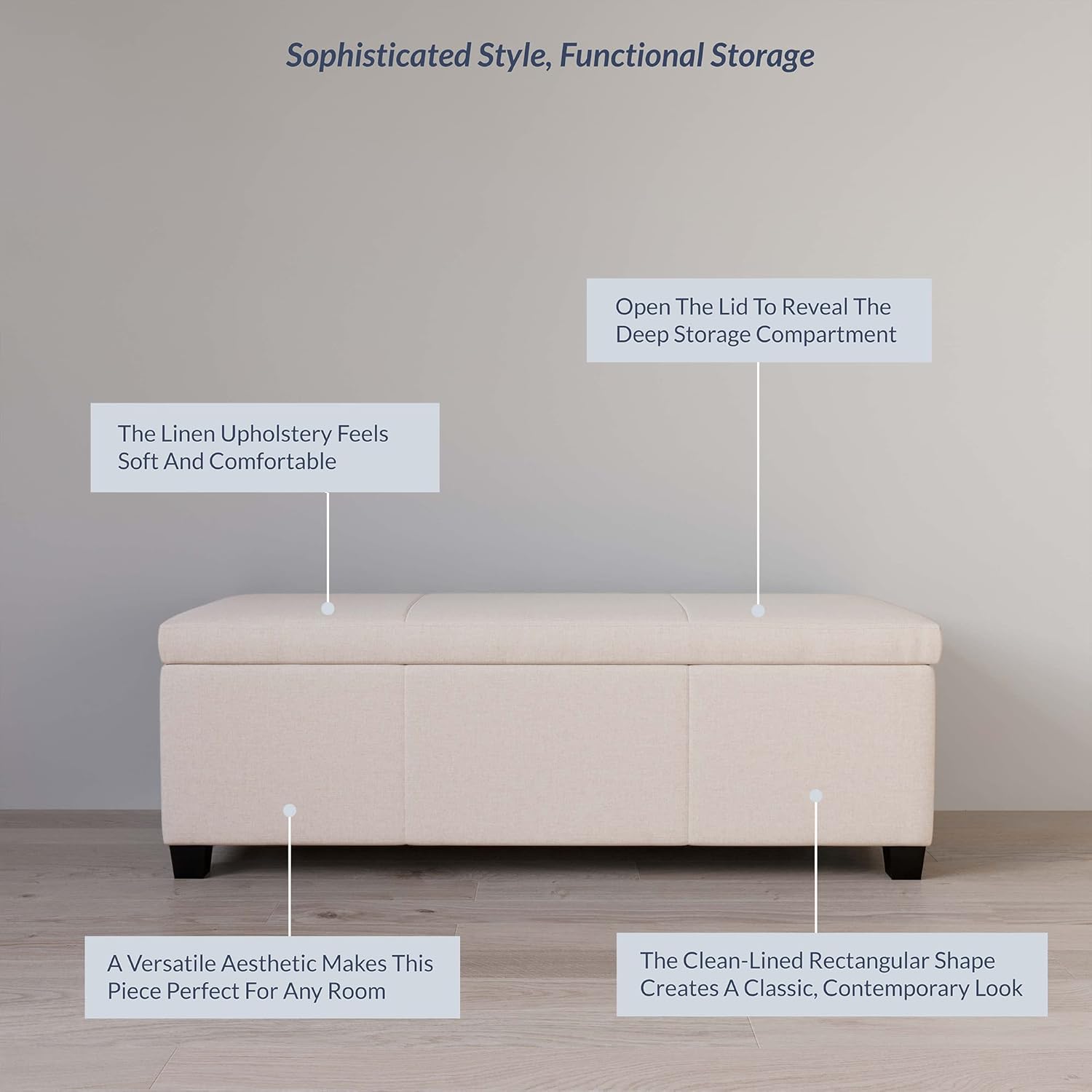 BELLEZE Storage Faux Leather Ottoman, 47 Inch Bench Bedroom Bench with Safety Close Hinge, Extra Long Ottoman with Storage for Living Room, Entryway, Hallway, Foot Rest, Support 300lbs - Beige