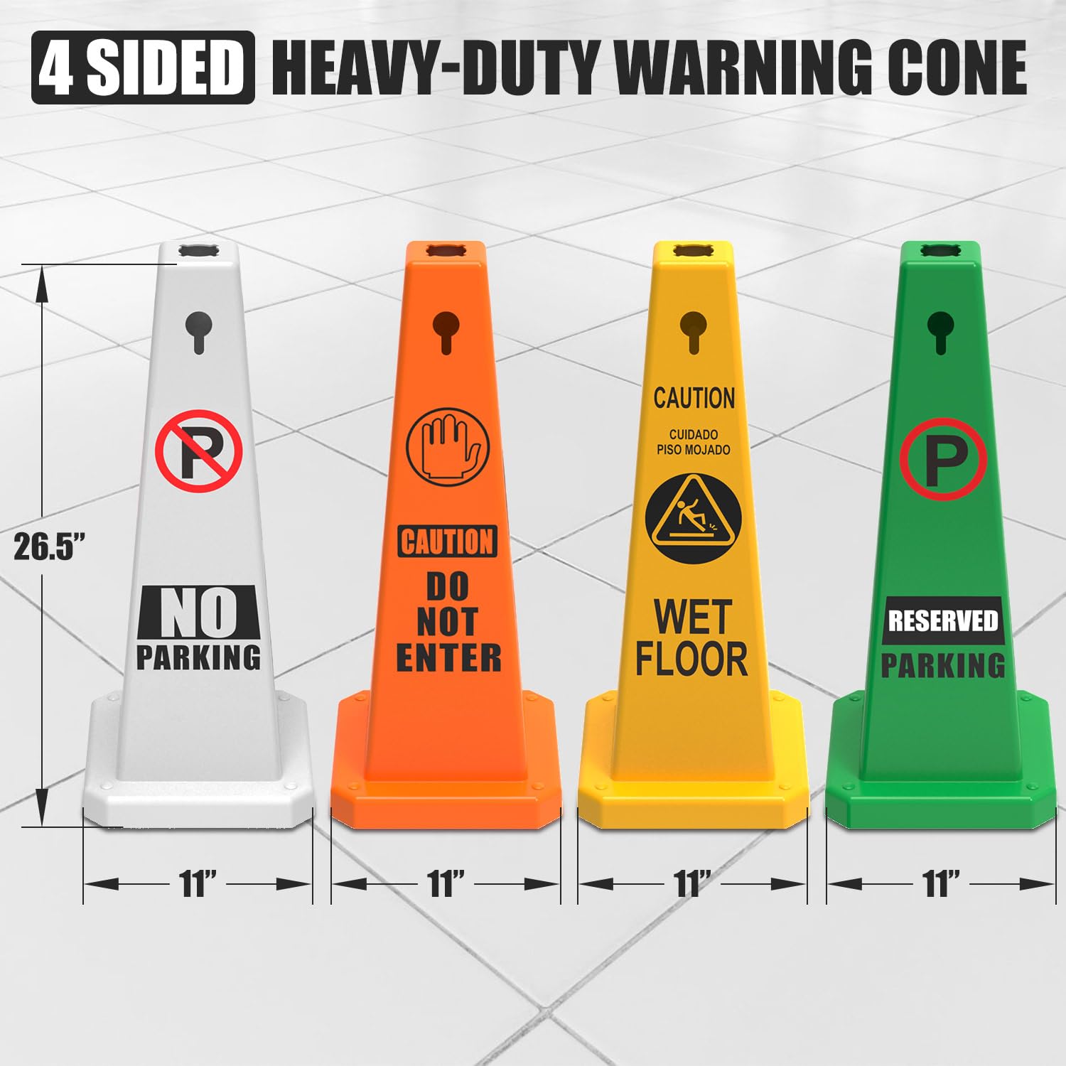 Plastic Traffic Cones, 4-Sided Message Cones, Road Safety Parking Cones, Standing Traffic Warning Signs for Cleaning Area, Garage, No Entry (8, No Parking, Large)