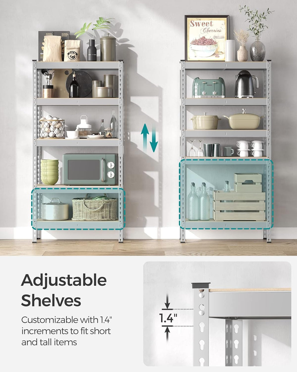 SONGMICS 5-Tier Storage Shelves, Load 2310 lb, Set of 2 Garage Storage, Boltless Assembly, Adjustable Shelving Unit, 11.8 x 29.5 x 59.1 Inches, for Study Shed Basement, Silver UGLR300E02