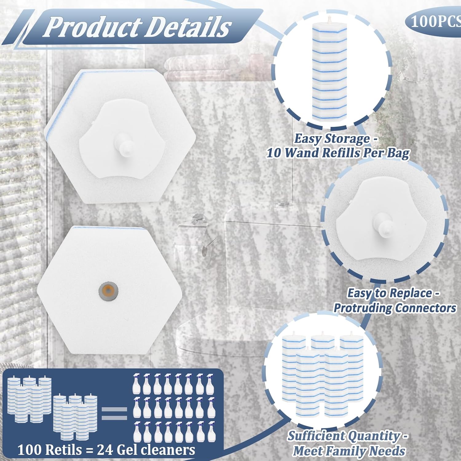 Disposable Toilet Bowl Wand Refills, Toilet Cleaner Refill Pads Compatible with Most Wands, Disposable Toilets Brush Replacement Head Scrubbing Pads for Bathroom Cleaning(100 Packs)