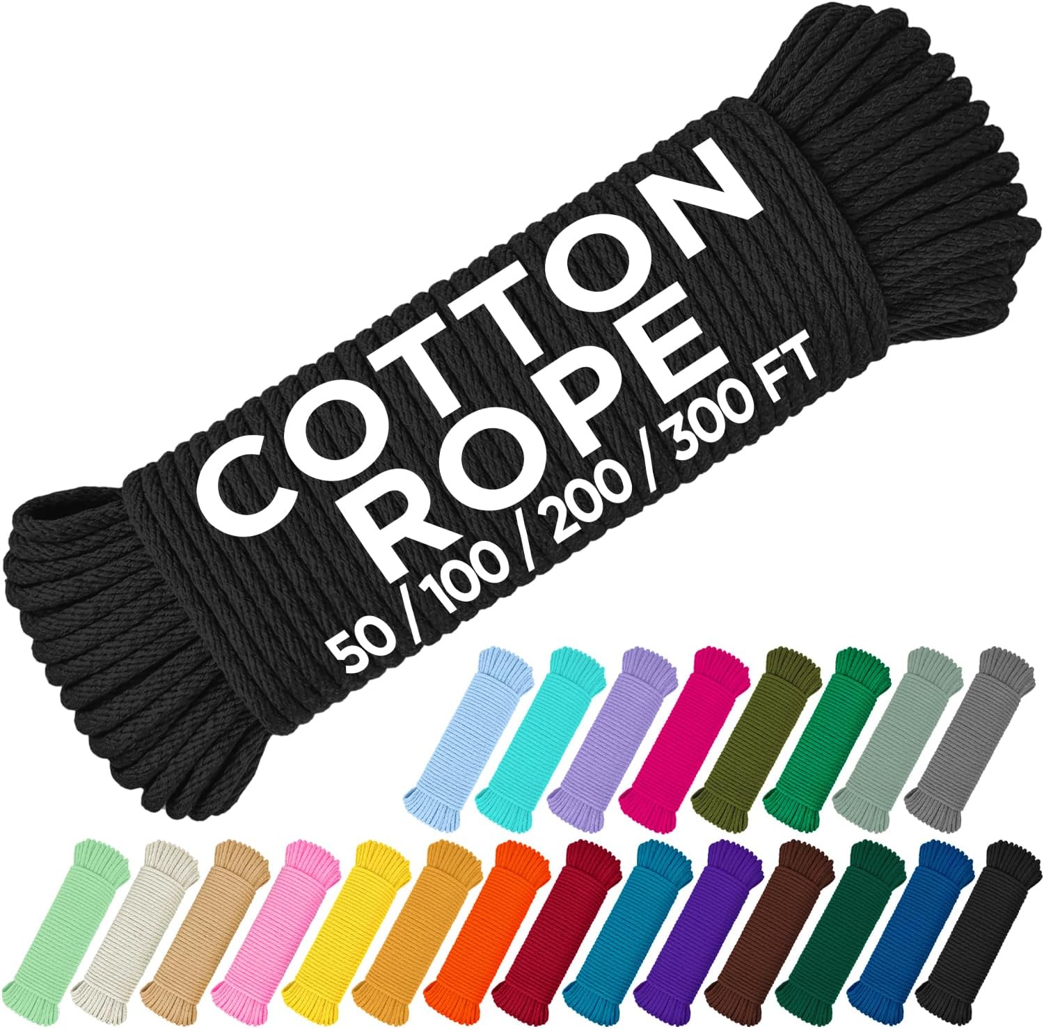 TECEUM Cotton Rope 3/16” (5 mm) – 100 FT – Strong All-Purpose Braided Rope – Natural Cotton – for Crafting, Сamping, Clothes Line, DIY, Indoor & Outdoor Use – Black