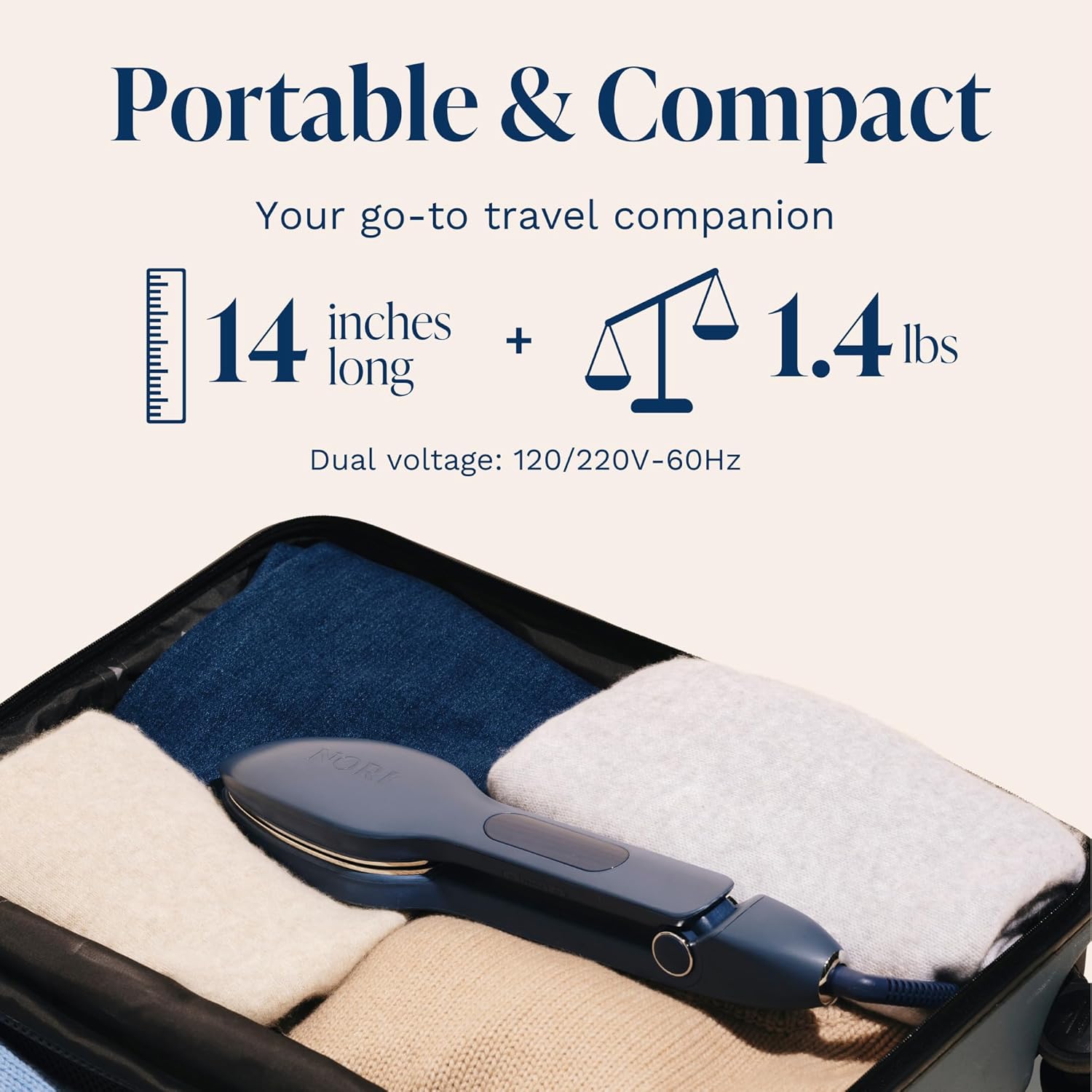 Nori Press Travel Steam Iron - Handheld Iron With Optional Steam Feature - No Ironing Board Required - Easy to Use w/ 6 Fabric Settings - Removes Wrinkles - User Manual Included - Navy