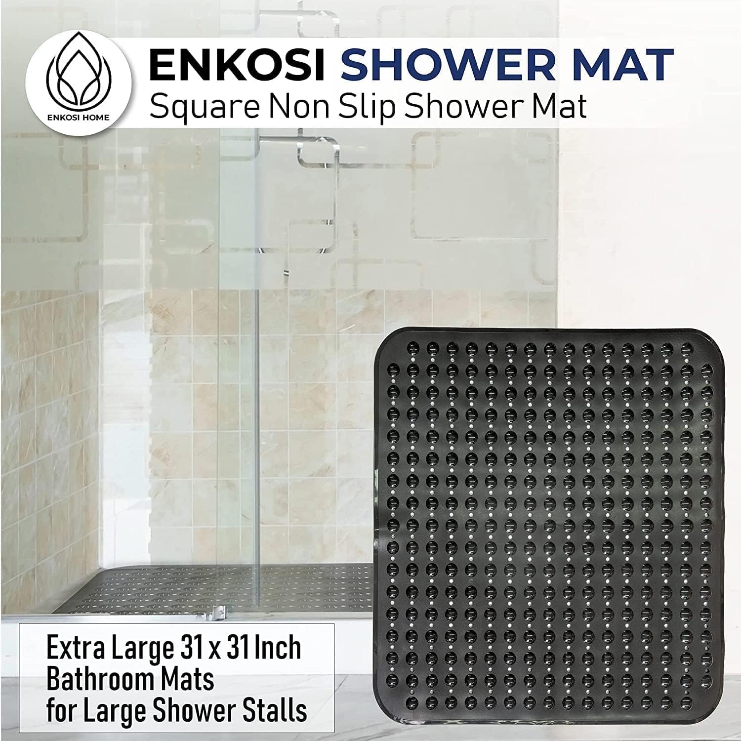 ENKOSI Extra Large Square Non Slip Shower Mat - 31 x 31-inch XL Bathroom Shower Mat - Square Shower Matts for Shower Stall Floors | Secure Suction Cups and Drain Holes (31x31 Clear Brown)