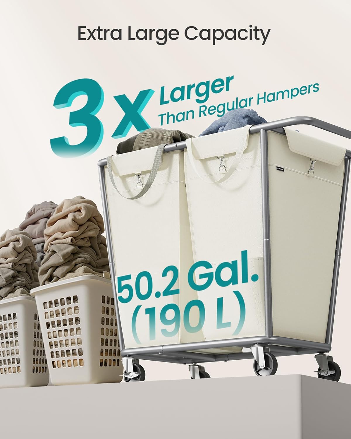SONGMICS Laundry Basket with Wheels, 50.2 Gallons (190 L), 2-Section Rolling Laundry Hamper with Removable Bags, Heavy-Duty Steel Frame with Handle, Cream White URLS009W01
