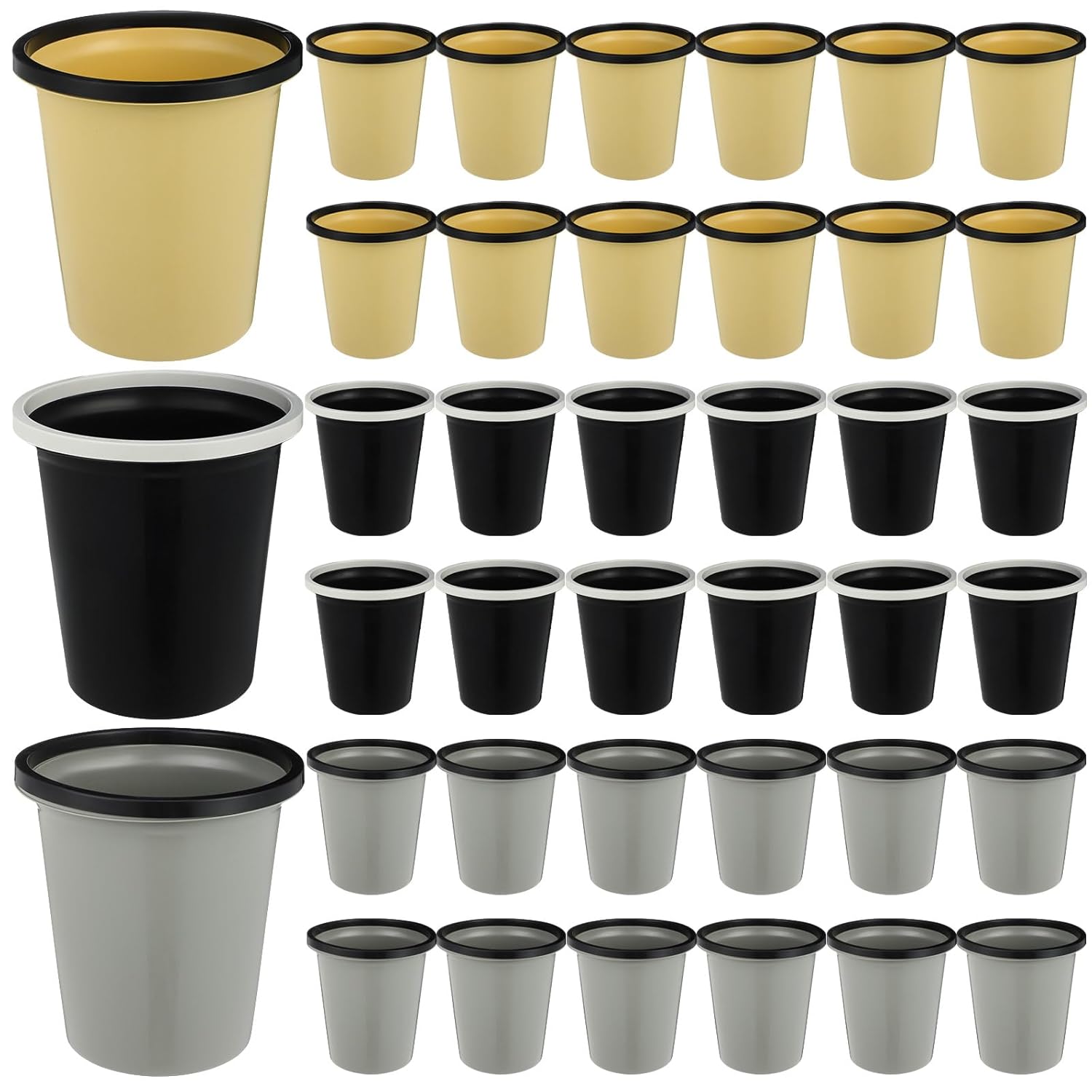 Maxdot 36 Pcs Bathroom Trash Cans Bulk 2 Gallon Small Waste basket Round Garbage Can Plastic Trash Bin Small Container for Home Dorm Kitchen Office Living Room Study Compact Spaces(Black, Beige, Gray)