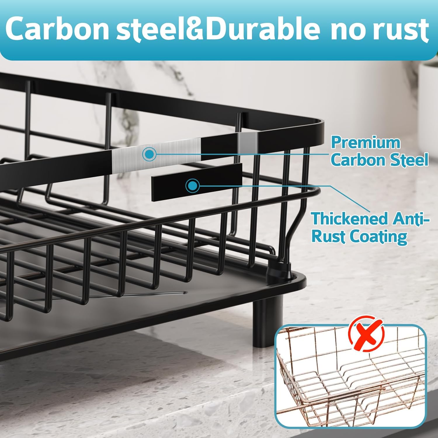 Dish Drying Rack - Space Saving Dish Rack - Dish Racks for Kitchen Counter with Drainboard,Rustproof Dish Drainer with Removable Utensil Holder,Black