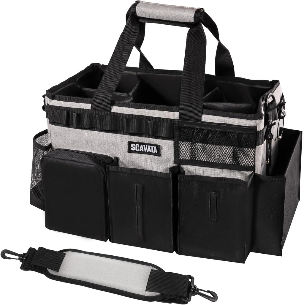 Wearable Cleaning Caddy Bag, Cleaning Caddy Supplies Organizer with Handle & Shoulder Straps for Housekeepers, Under Sink & Car Cleaning Tool Organizers with 4 Foldable Divider (Grey)