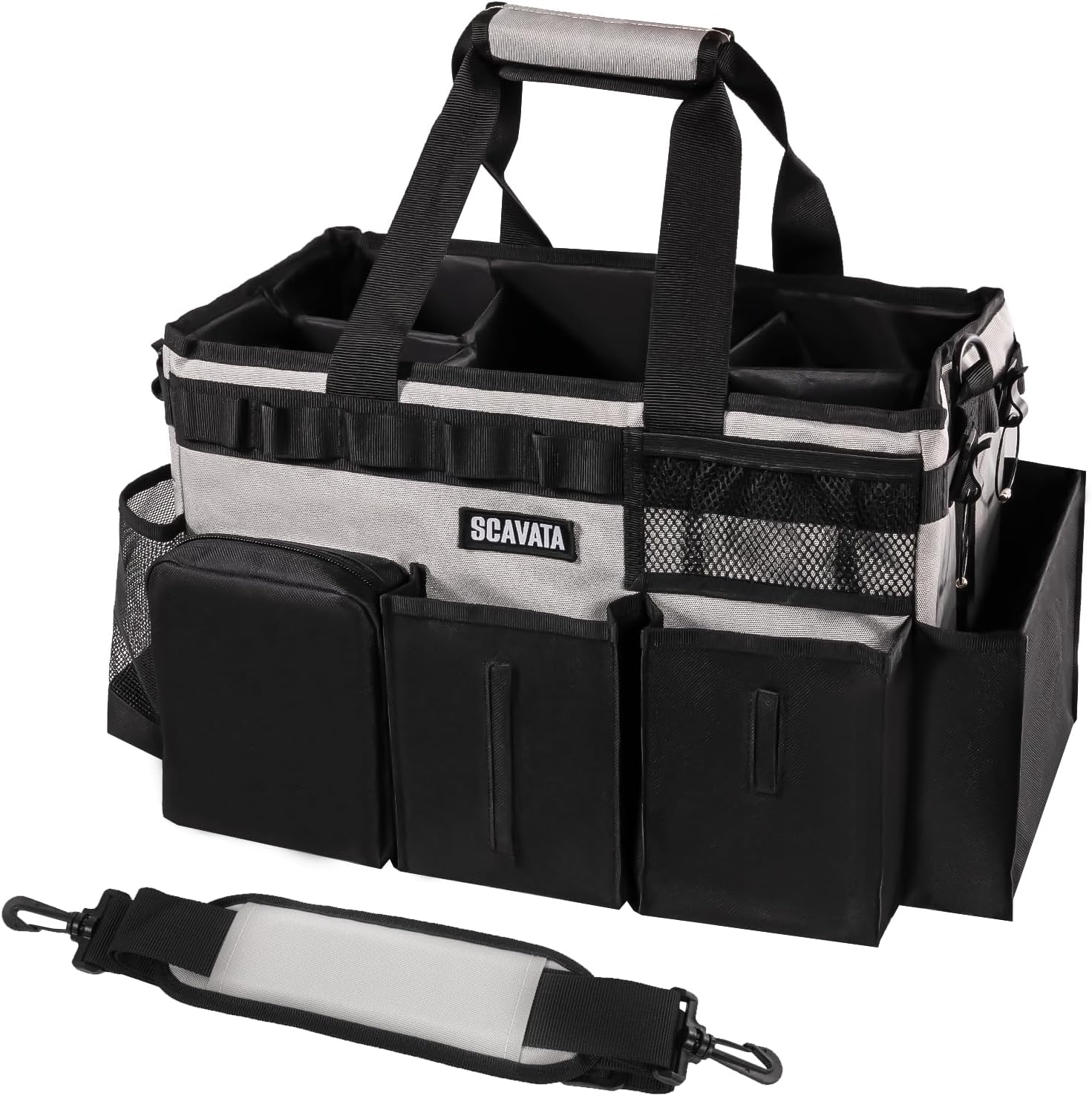 Wearable Cleaning Caddy Bag, Cleaning Caddy Supplies Organizer with Handle & Shoulder Straps for Housekeepers, Under Sink & Car Cleaning Tool Organizers with 4 Foldable Divider (Grey)