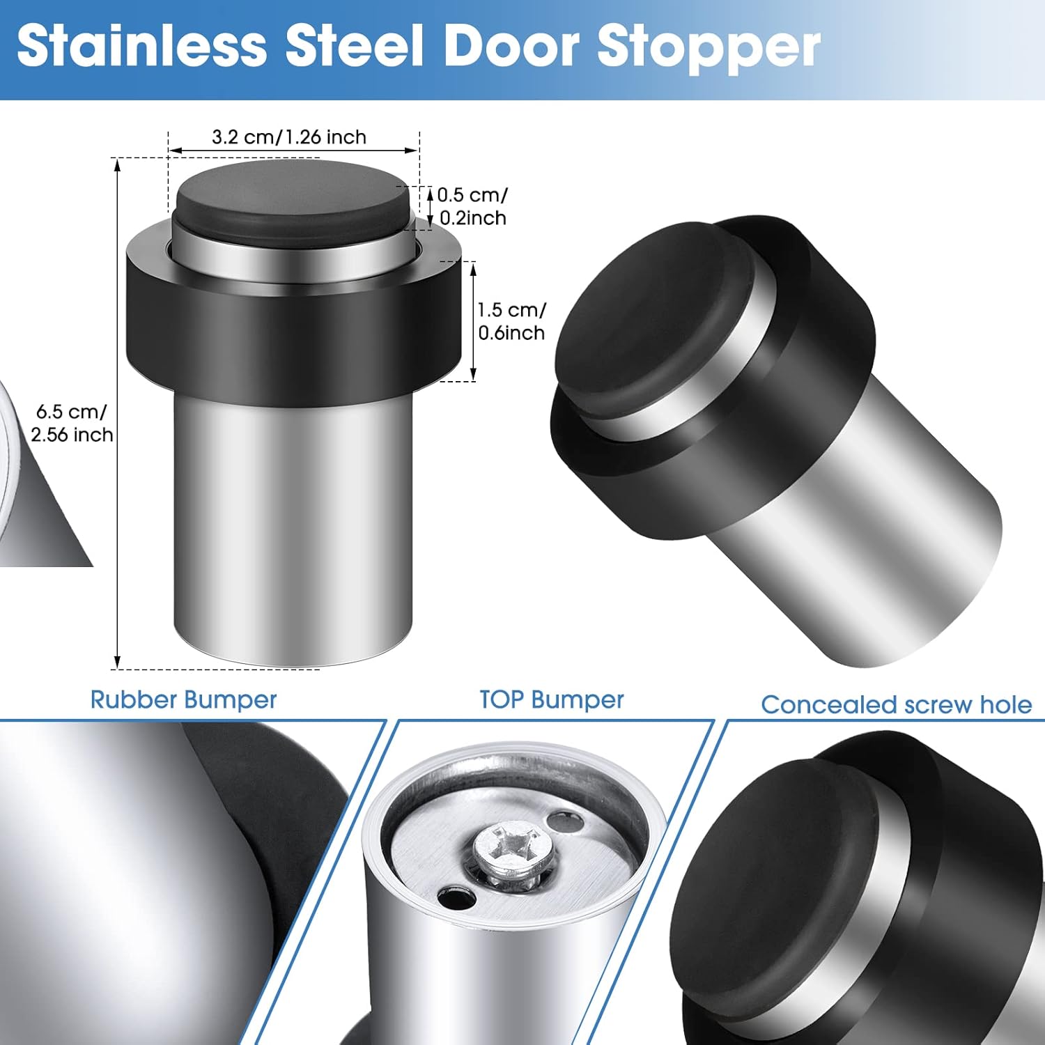 Chumia 30 Pcs Door Stopper Mounted Floor Stops Stainless Steel Cylindrical Stopper Modern Decorative Rubber Bumper Stops Holder Wall Protector for Bottom or Top of Door (Silver)