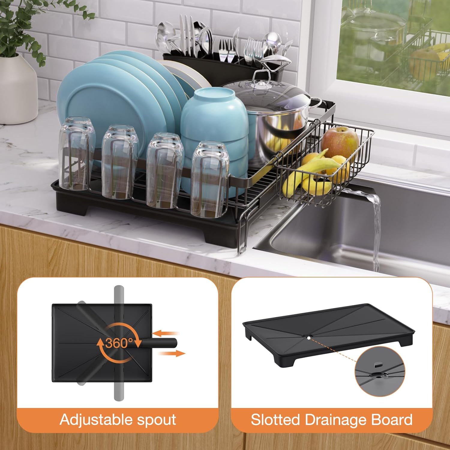 Dish Drying Rack,Extendable Dish Rack,Drying Rack with Automatic Drainboard，Dish Drainers for Kitchen Counter,Anti-Rust Dish Drainers with Cup Holders & Utensil,Black