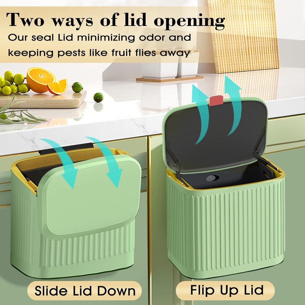 GloDeals Kitchen Small Trash Can with Lid, Compost Bin Countertop, Wall-Mounted Under Sink Hanging Trash Bin for Kitchen, Bathroom, Cabinet Trash Can (1.05 Gallon, 4L Vintage Green)