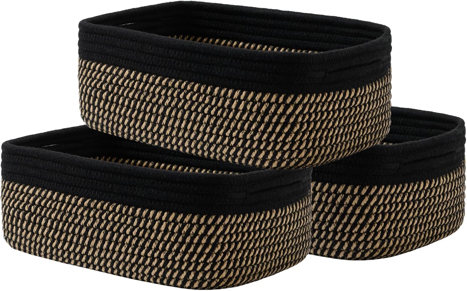 Small Woven Basket, 12 x 8 x 4.5 Inches, Storage Basket for Organizing, Cute Small Rope Shelf Closet Cube Storage Bins Baskets for Shelves, Dog Toy Gift Baskets Empty, 3 Pack Black & Brown