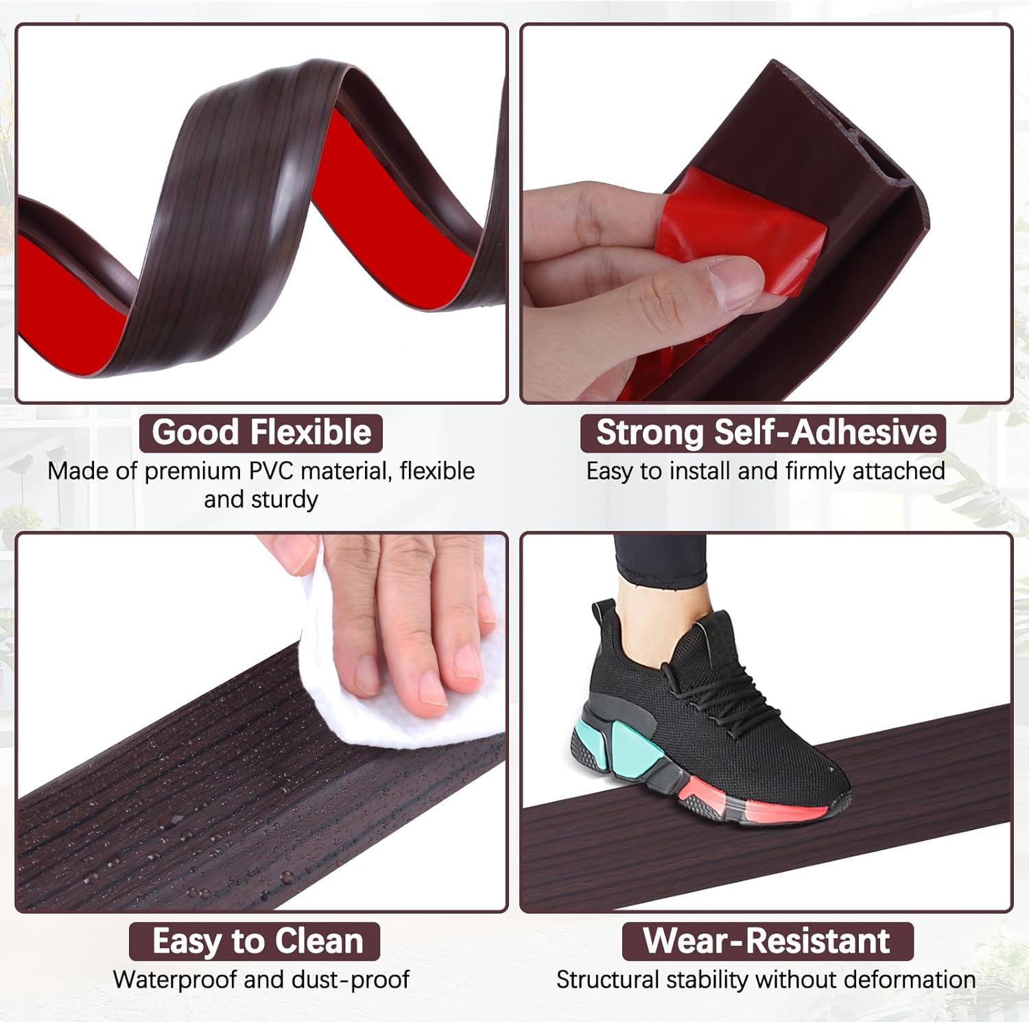 Vinyl Door Threshold Flooring Transition Strip Self Adhesive Carpet Edging Strip for Laminate Doorway Edge Threshold from 1/5" to 2/5" (Black Walnut Wood Grain, 3.3 Ft)