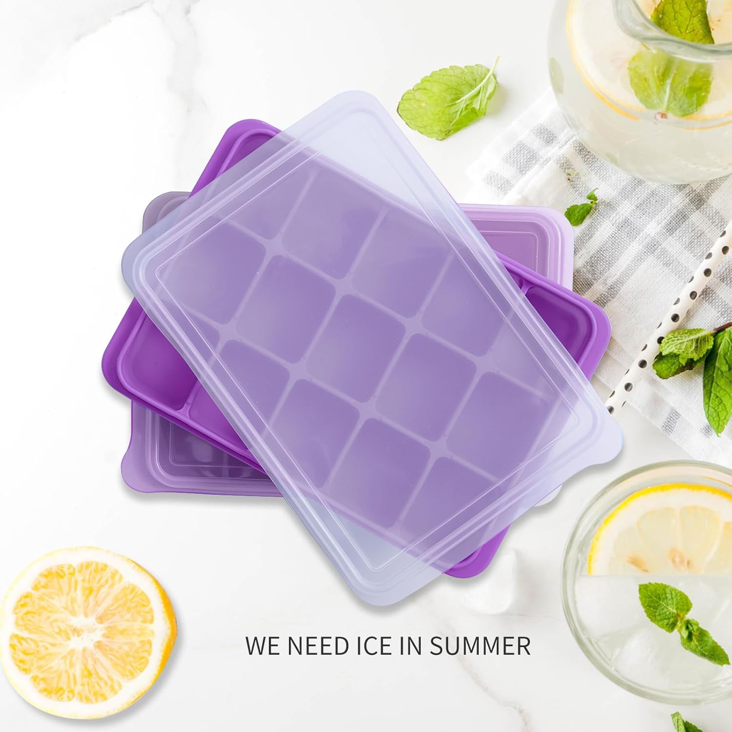 Tvmania Ice Cube Trays Set of 2, Easy Release 15 Flexible Silicone Ice Cube Molds with Removable Lid Reusable Freezer Ice Trays Stackable for Whiskey, Baby Food, BPA Free (purple)