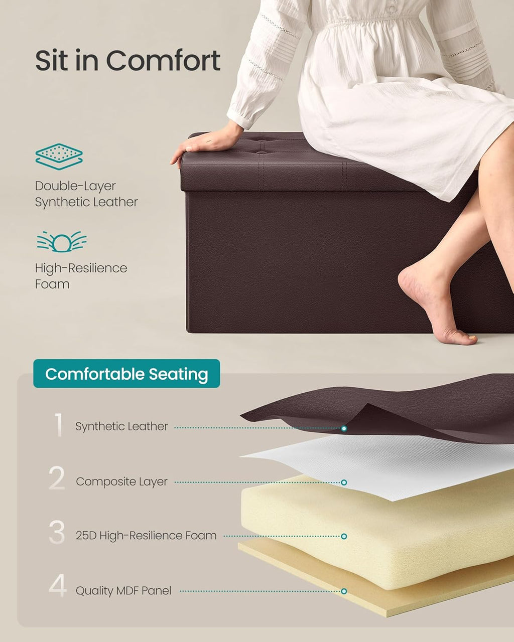 SONGMICS MAZIE Collection - 30 Inches Folding Storage Ottoman Bench, Ottoman with Storage, Foot Rest Stool, Load 660 lb, for Living Room, Synthetic Leather, Brown ULSF40Z