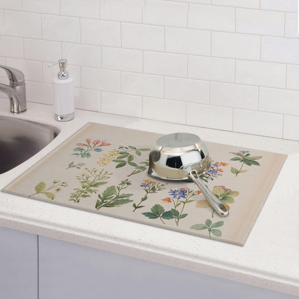 Vintage Plants Herbs Floral Dish Drying Mat Highly Absorbent Double-Sided Microfiber with Hanging Loop Reversible Drain Dish Rack Mat Drain Mat Suitable for Kitchen Countertop Coffee Bar 18 x 24 Inch