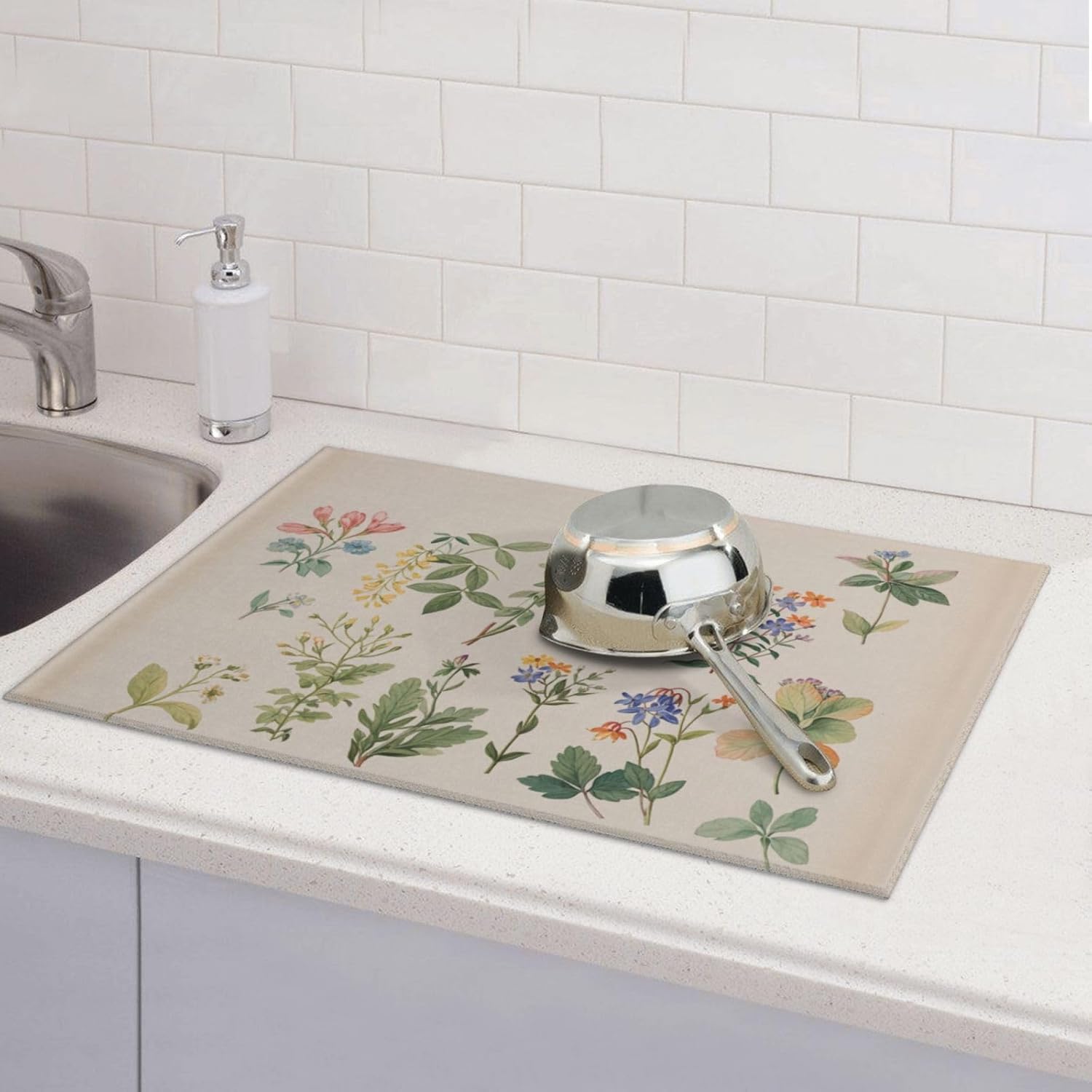 Vintage Plants Herbs Floral Dish Drying Mat Highly Absorbent Double-Sided Microfiber with Hanging Loop Reversible Drain Dish Rack Mat Drain Mat Suitable for Kitchen Countertop Coffee Bar 18 x 24 Inch