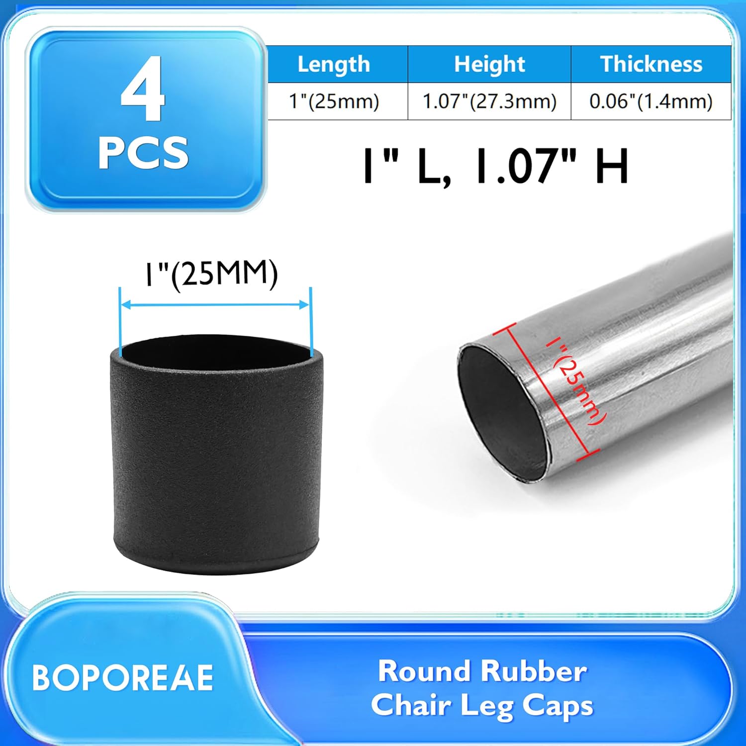 4 Pcs 1" Round Rubber Chair Leg Caps, PVC Table Leg Covers, Flexible & Anti-Slip Furniture Leg End Caps, Chair Leg Floor Protectors for Bar Stool Leg Patio Indoor, Black