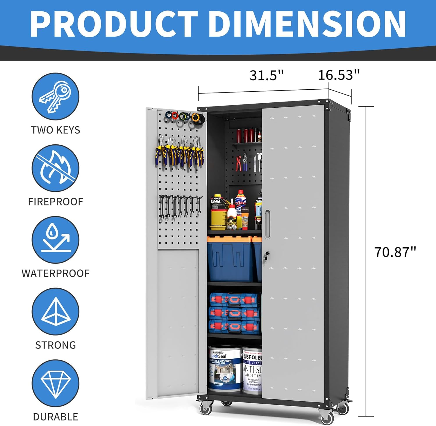 Garage Metal Storage Cabinet with Pegboard, 71'' Tall Storage Cabinet with Adjustable Shelves and Doors, Rolling Tool Cabinet on Wheels for Garage, Utility Room (Black & Grey)
