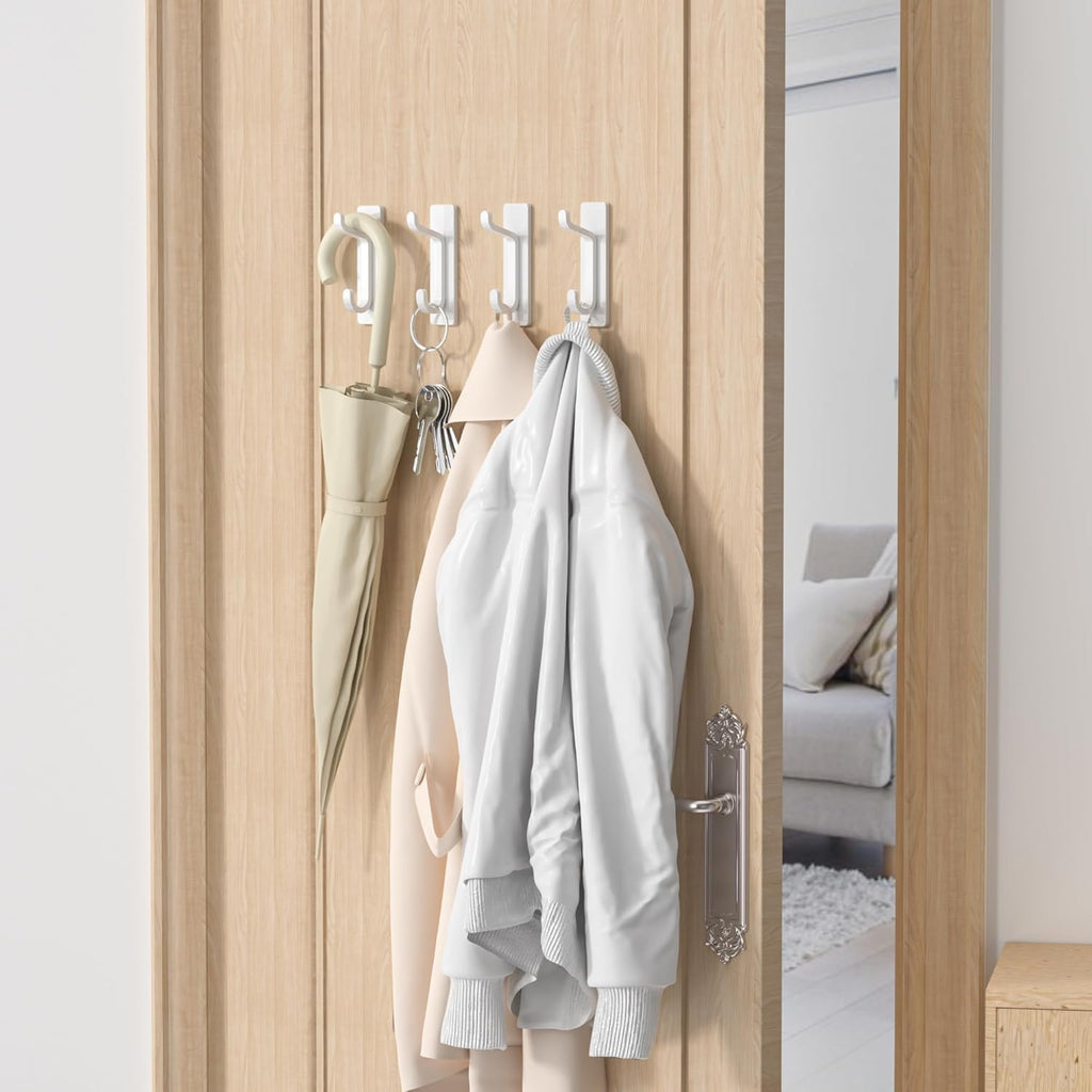 Wall Hooks for Coat and Towel: 13LB Adhesive Door Hanger Stick on, White 4 Pack
