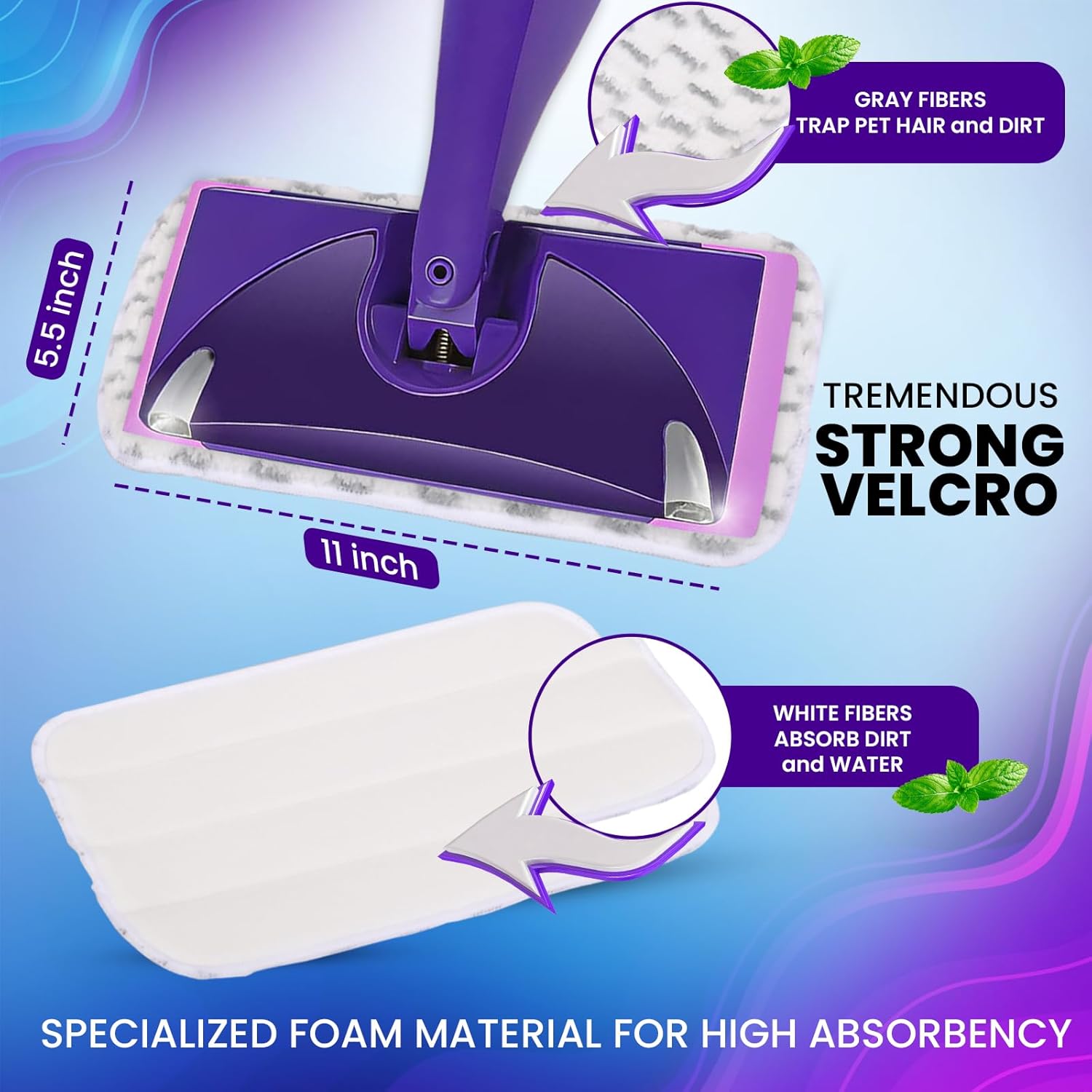 6pcs of Universal 11-inch Velcro Type Reusable Floor Mop Pads Compatible with Swiffer Wet Jet Refills Machine Washable Thick Microfiber Wet Pads for Hardwood and Household Cleaning Supplies (6pcs)