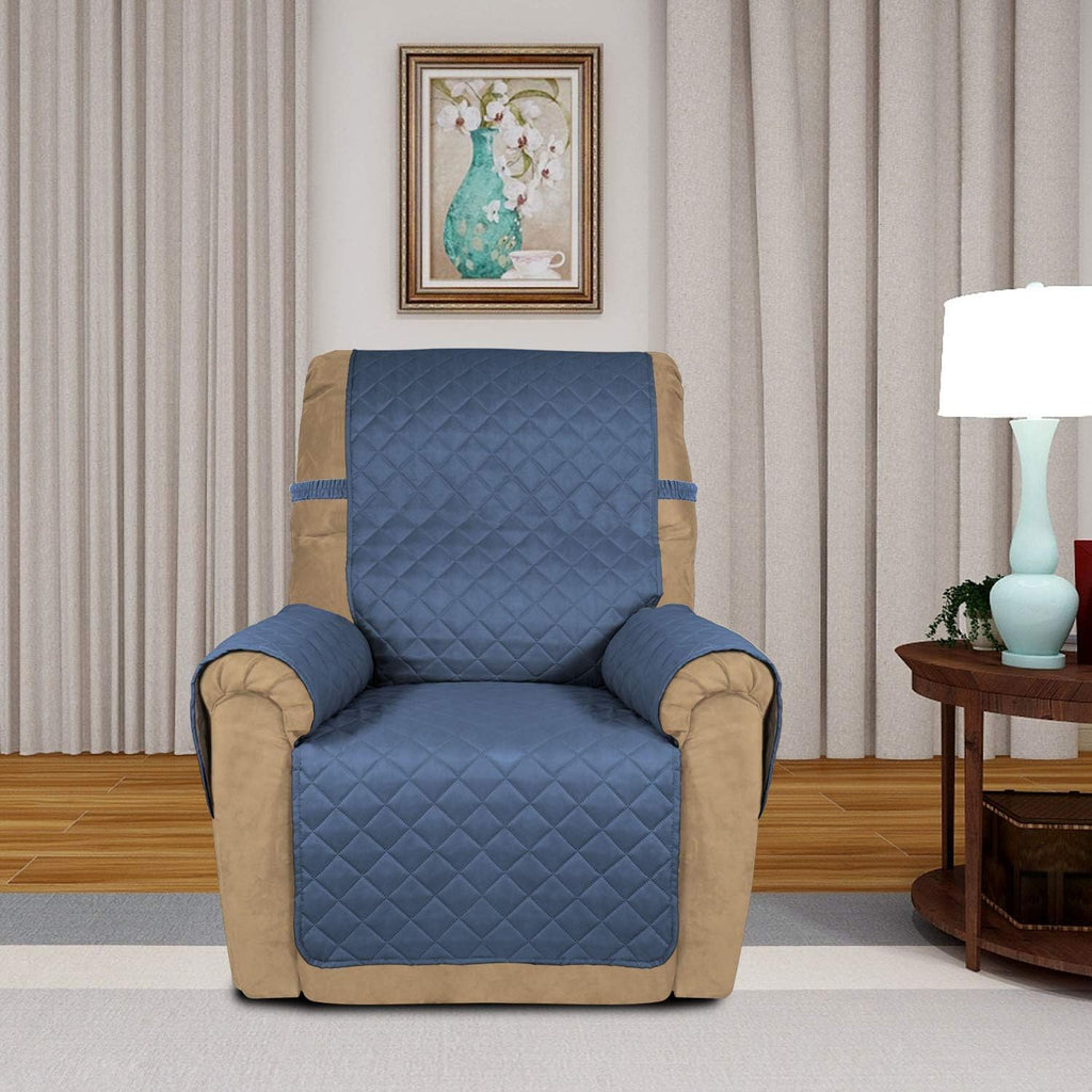 PureFit Reversible Quilted Sofa Cover, Water Resistant Slipcover Furniture Protector, Washable Couch Cover with Non Slip and Elastic Straps for Kids, Dogs (Small Recliner, Dark Blue/Light Blue)