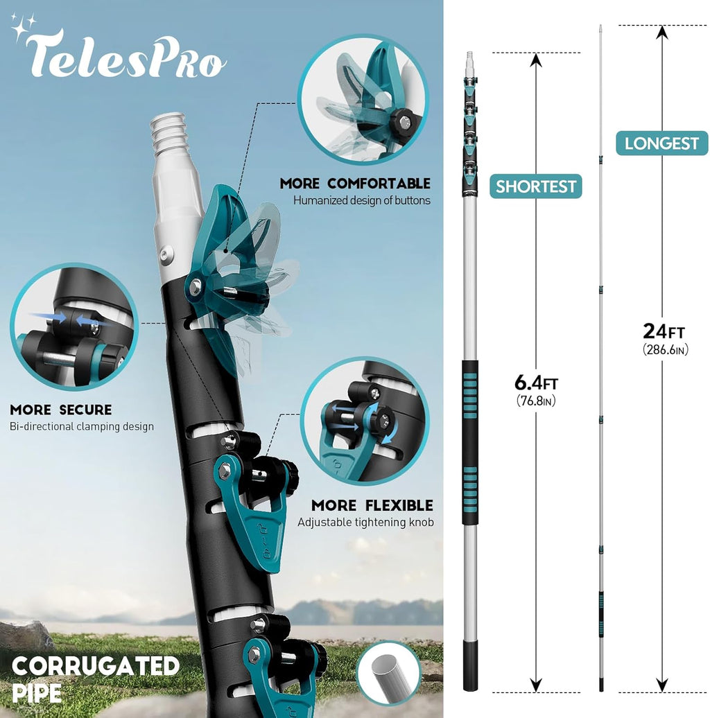30 Foot High Reach Duster Kit with 6-24FT Extension Pole High Ceiling Dusting and Window Cleaning Kit with Telescopic Pole Window Washer&Squeegee,Cobweb Duster,Fan Duster and Feather Duster