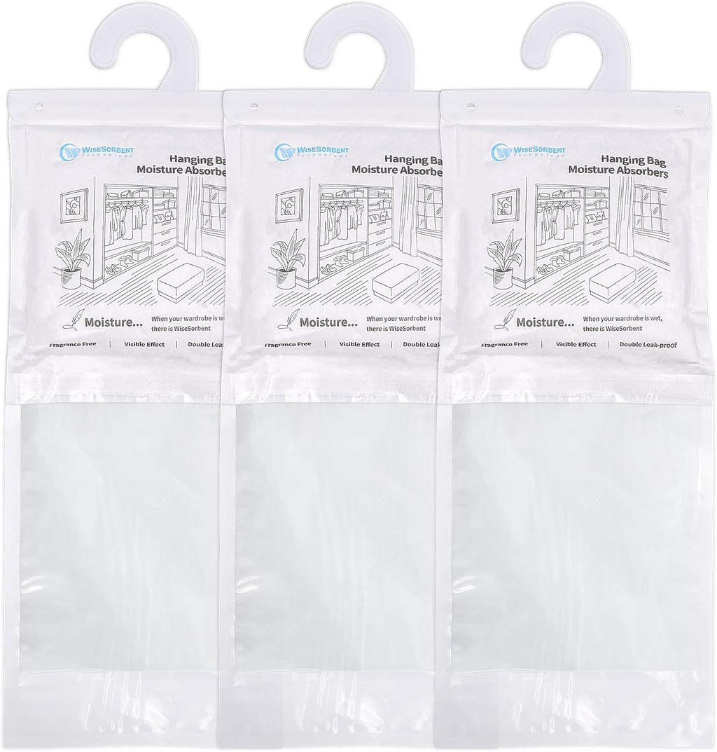 500 Gram Moisture Absorber Hanging Bags 3 Pack - 17.6 oz Fragrance-Free Large Dehumidifier for Closet, Bathroom, Bedroom – Double Leak-Proof Design & Dual-Sided Absorption