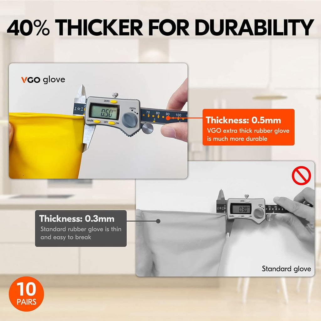 Vgo... 10-Pairs Reusable Household Gloves, Rubber Dishwashing gloves, Extra Thickness, Long Sleeves, Kitchen Cleaning, Working, Painting, Gardening, Pet Care (Size L, Yellow, HH4601)