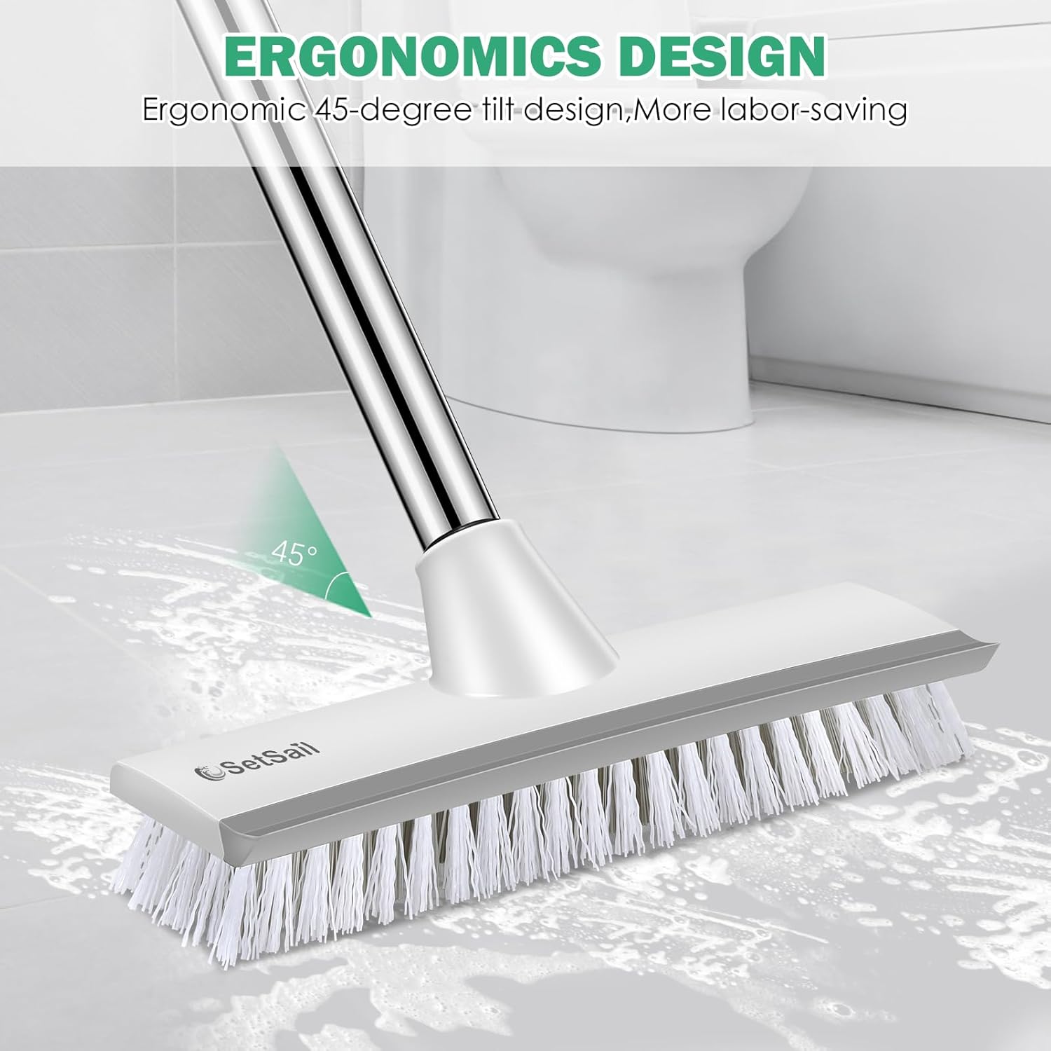 SetSail Floor Scrub Brush with 51-Inch Long Adjustable Handle 2 in 1 Scrape Brush Stiff Bristle Floor Scrubber for Cleaning Shower Bathroom Garage Kitchen Wall Deck Tub Tile,White