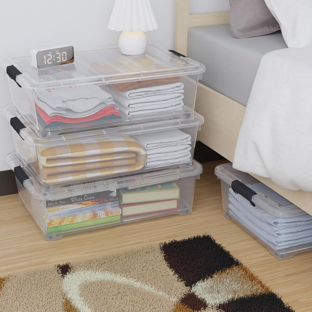 4-Pack 25L Plastic Under Bed Storage Organizer Bin Container with Latch Lids and Wheels, Clothes Storage Box Rolling Underbed, Clear