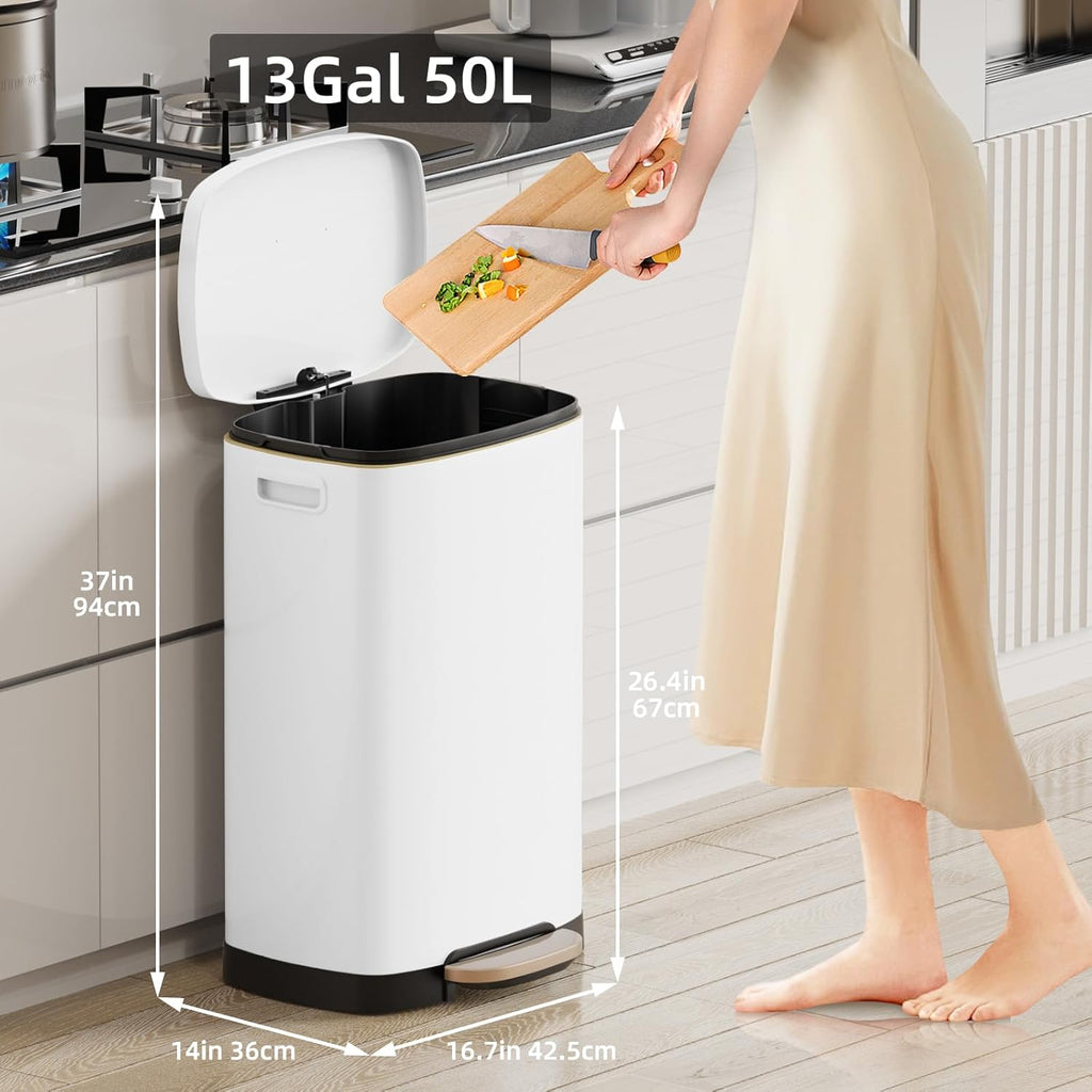 KUK 13 Gallon Kitchen Trash Can with Lid, 50L/13Gal Office Step Garbage Can for Home, Kitchen, Laundry Room, Office, Brushed Stainless Steel, White
